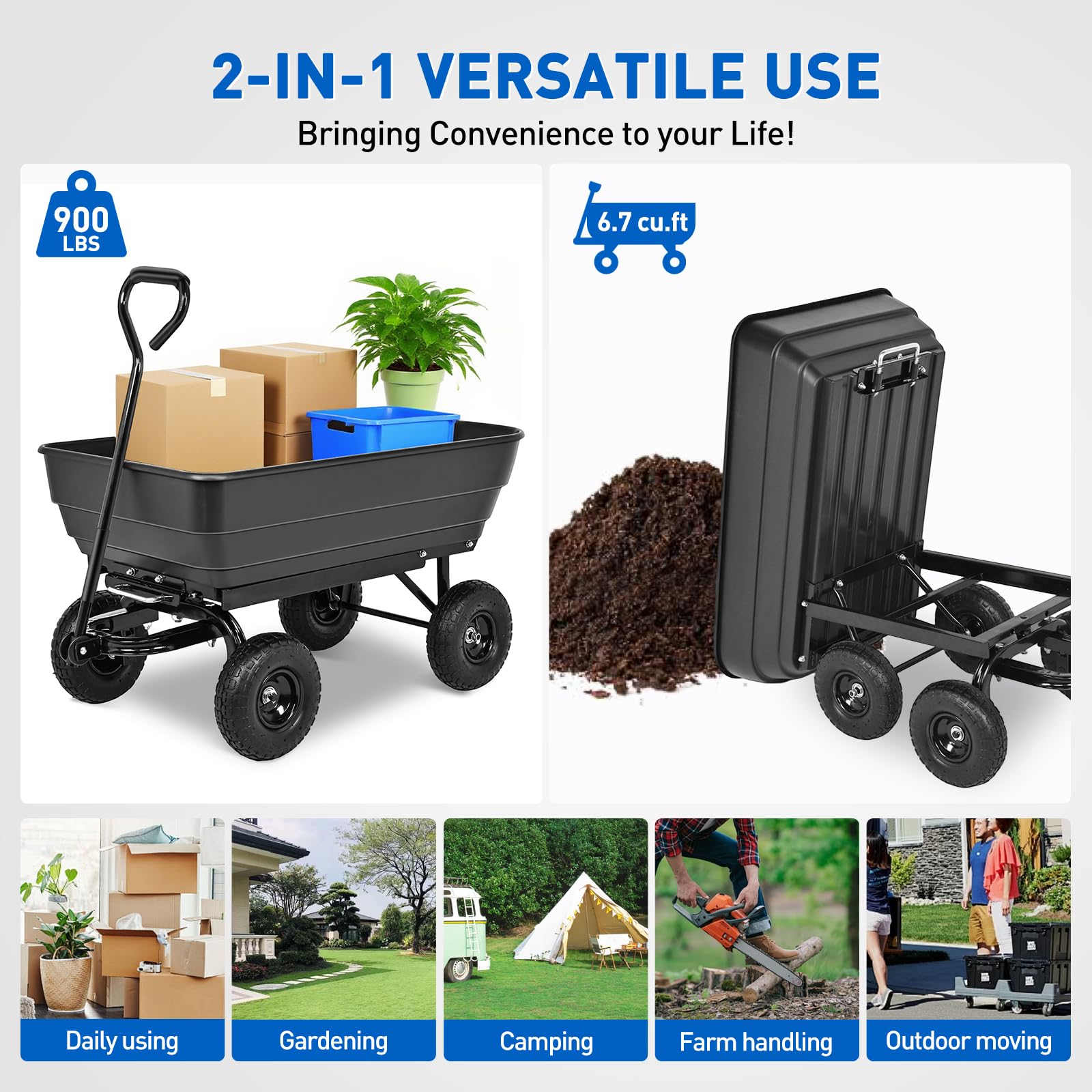 Garden Carts 900lbs Dump Wagon with All Terrain Inflatable Wheels for Yard Lawn Farms Gardening