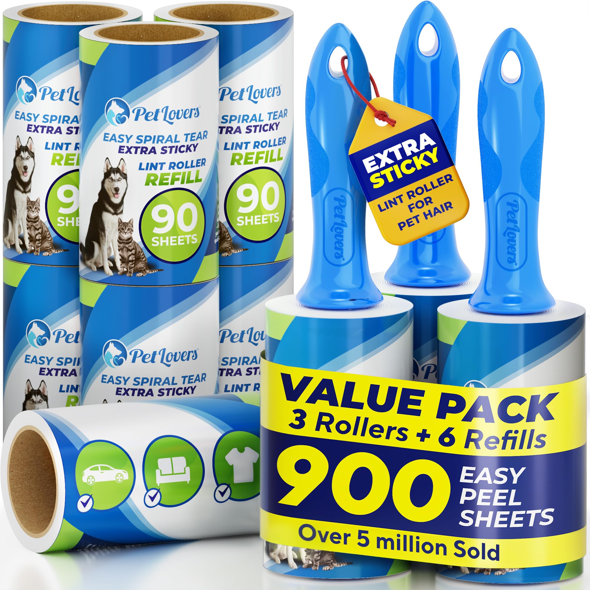 Extra Sticky Lint Roller Mega Value Set 900 Sheets for Pet Hair Removal and Clothes (900 Count)