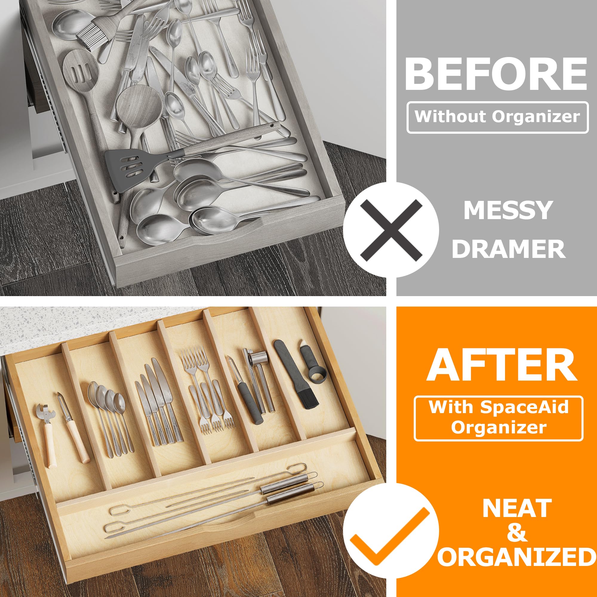 Solid Birch Wood Silverware Drawer Organizer