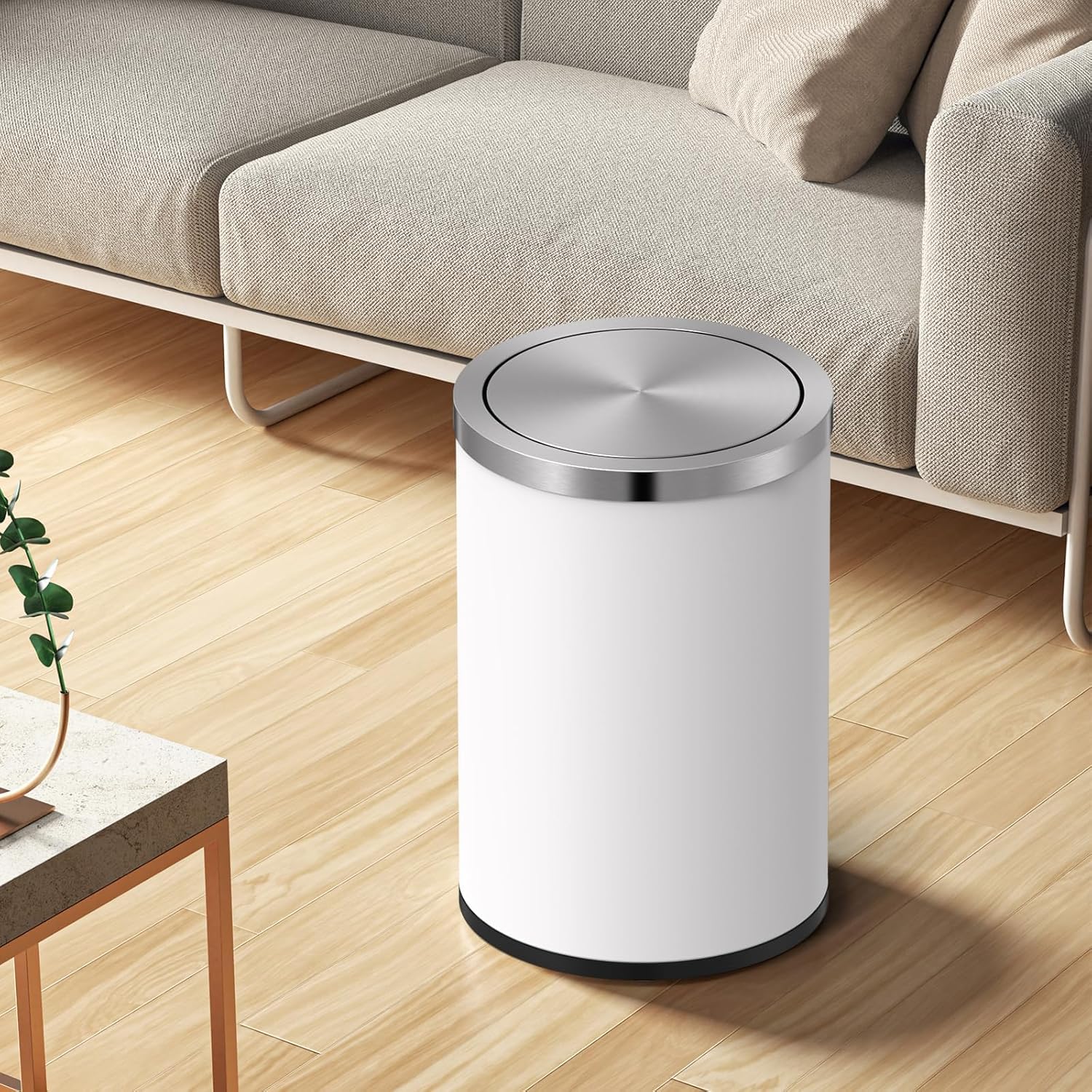 4 Gallons White Swing Lid Stainless Steel Trash Can