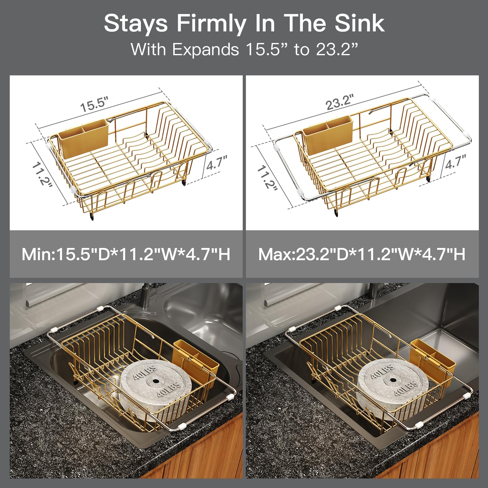 Gold Dish Drying Rack Over Sink with Utensil Holder