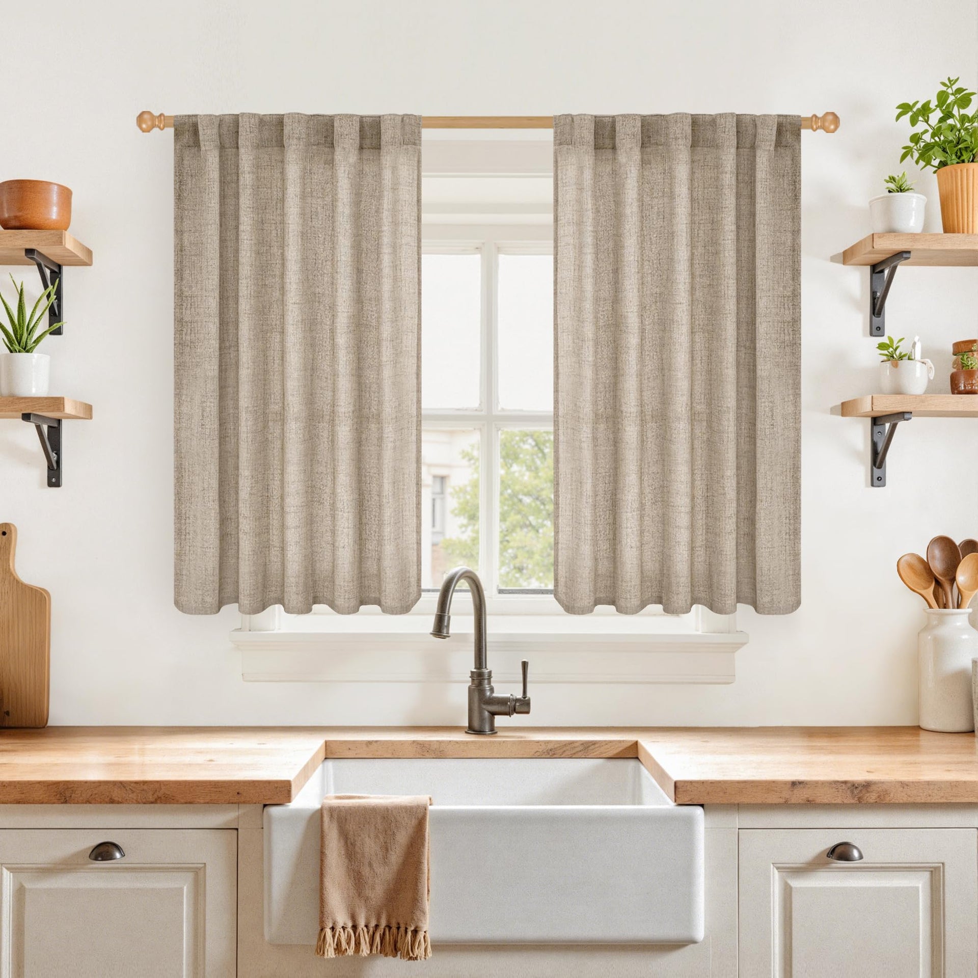 Dark Oatmeal Linen Curtains 40 Inch Length for Kitchen Window (2 Count)
