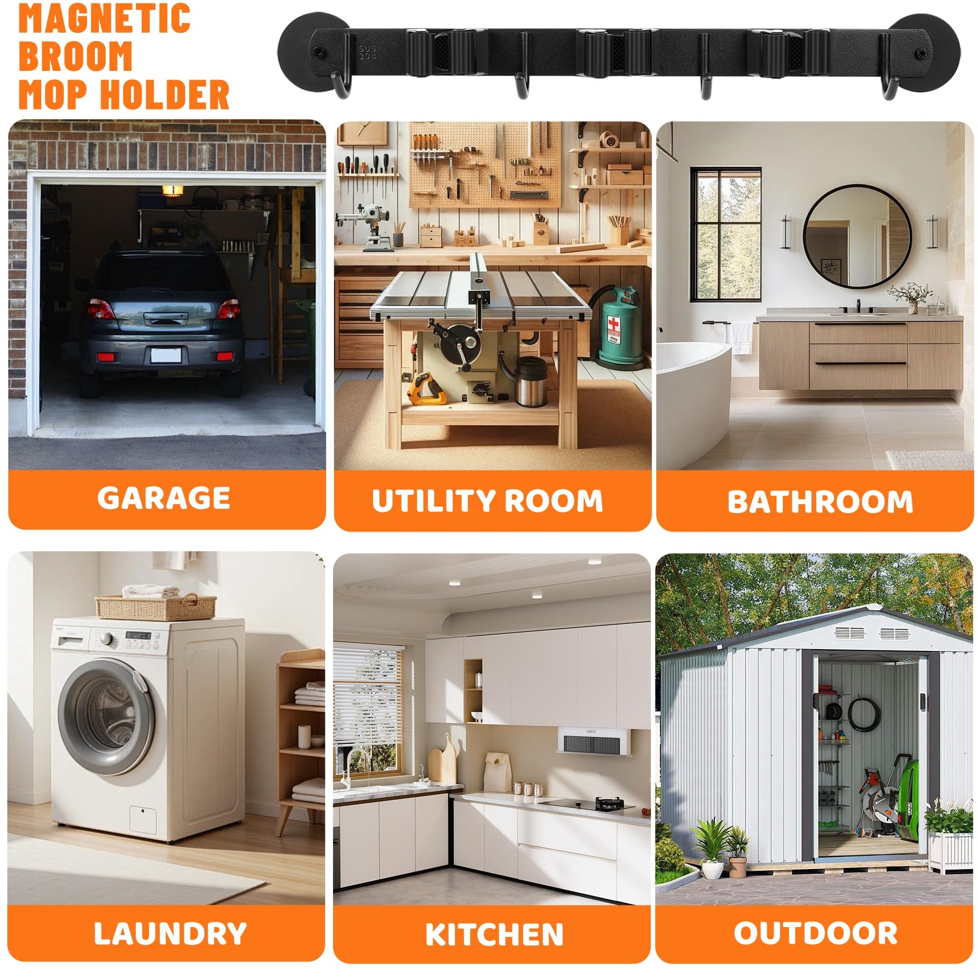 Magnetic Broom Holder Wall Mount with 4 Hooks and 3 Rack