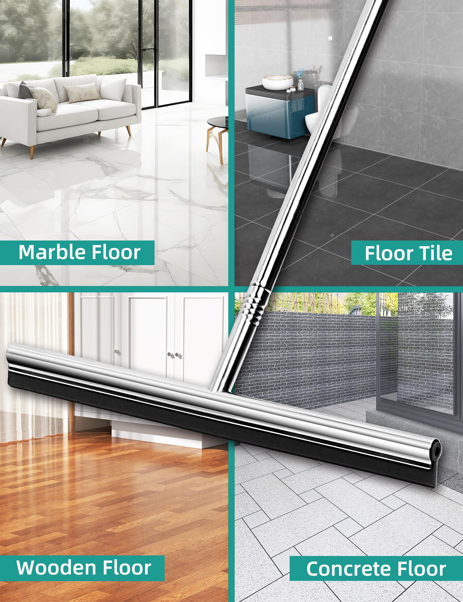 Floor Squeegee Scrubber 59inch Long Stainless Steel Handle with 15inch Wide Silicon Rubber Blade Squeegee Broom for Floor Washing and Drying Shower Glass