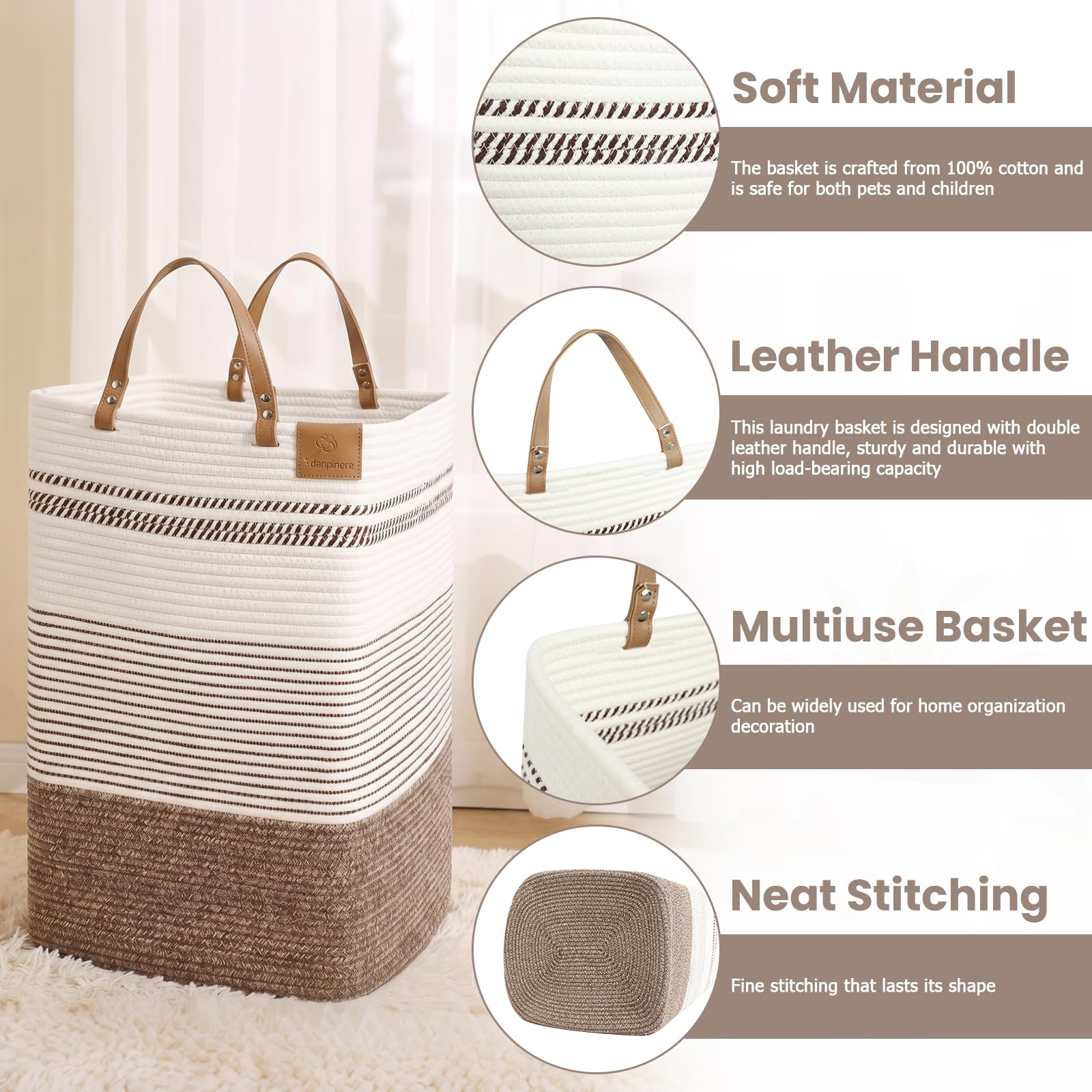 75L Woven Laundry Hamper with Long Leather Handles