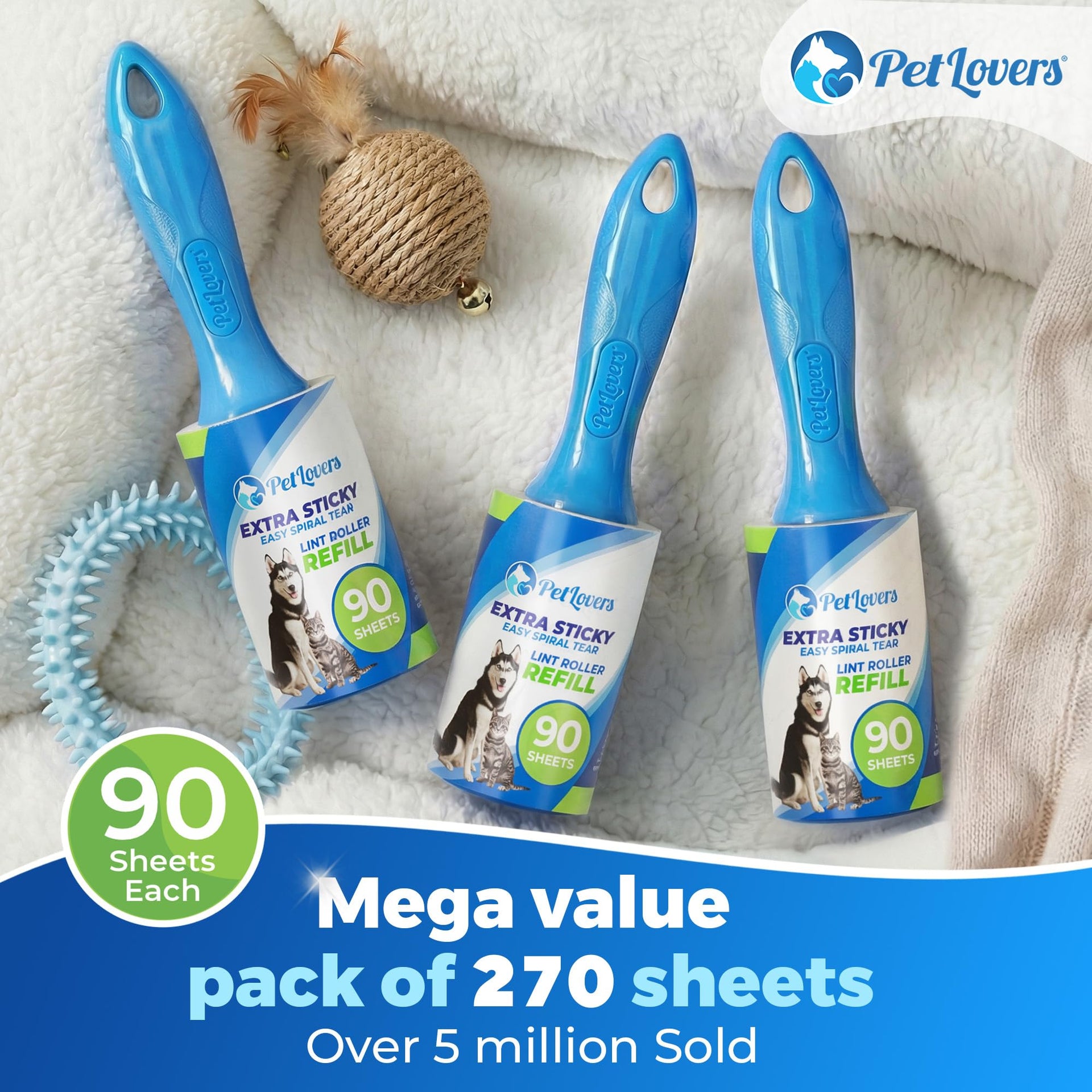 Extra Sticky Lint Roller Value Set 270 Sheets for Pet Hair Removal and Clothes (3 Count)
