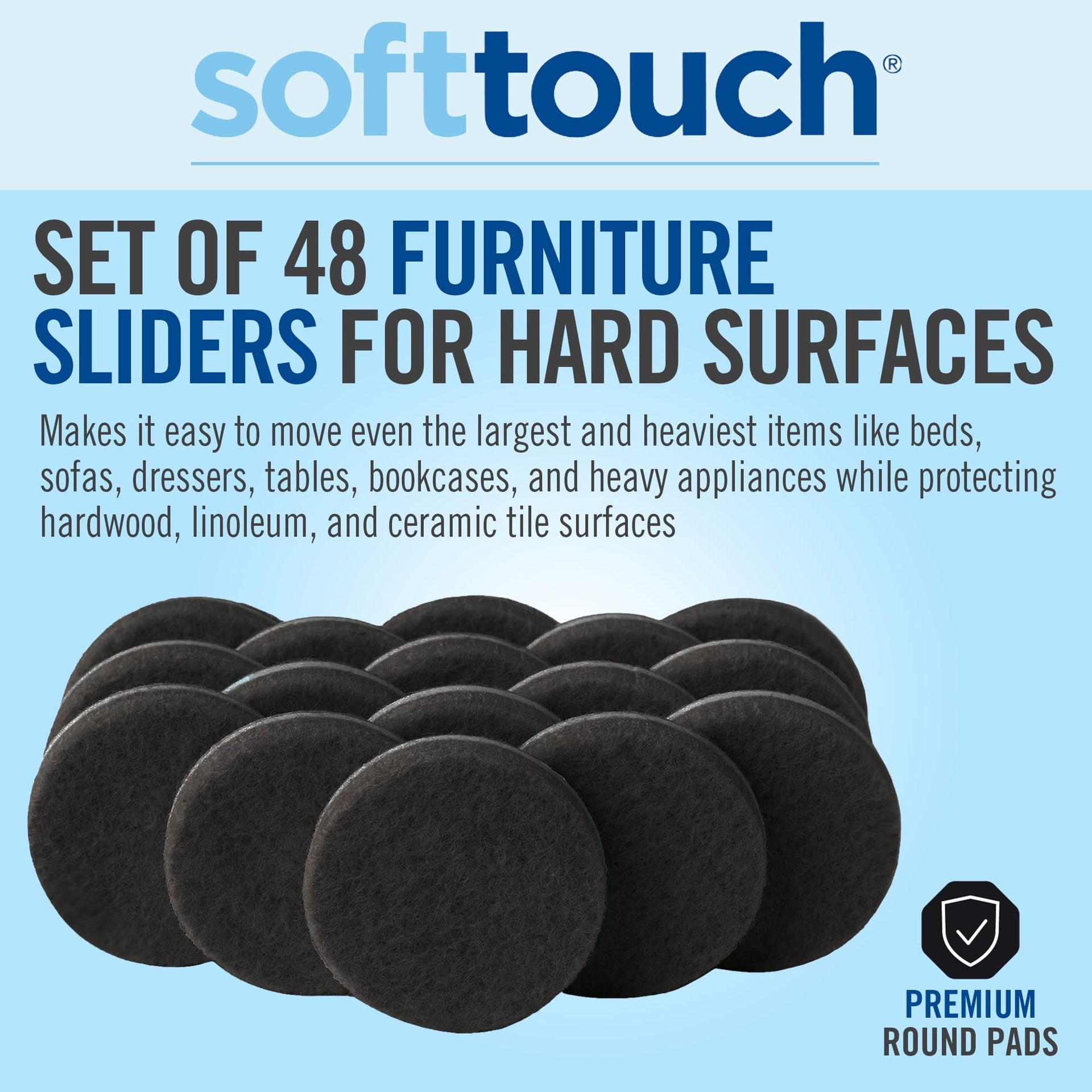 1" Round Reusable Felt Furniture Sliders for Hard Surfaces (48 Count)