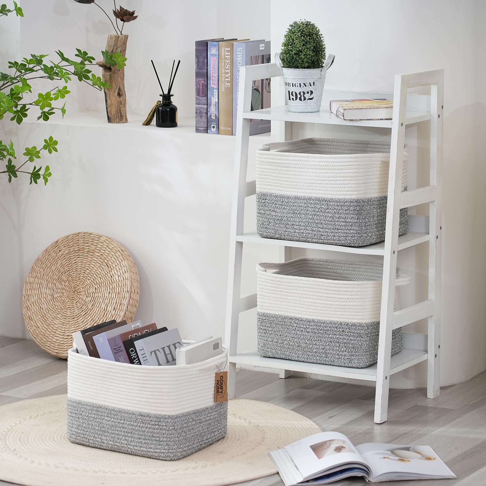 3 Pack Cotton Rope Woven Rectangular Basket with Handles for Organizing (3 Count)