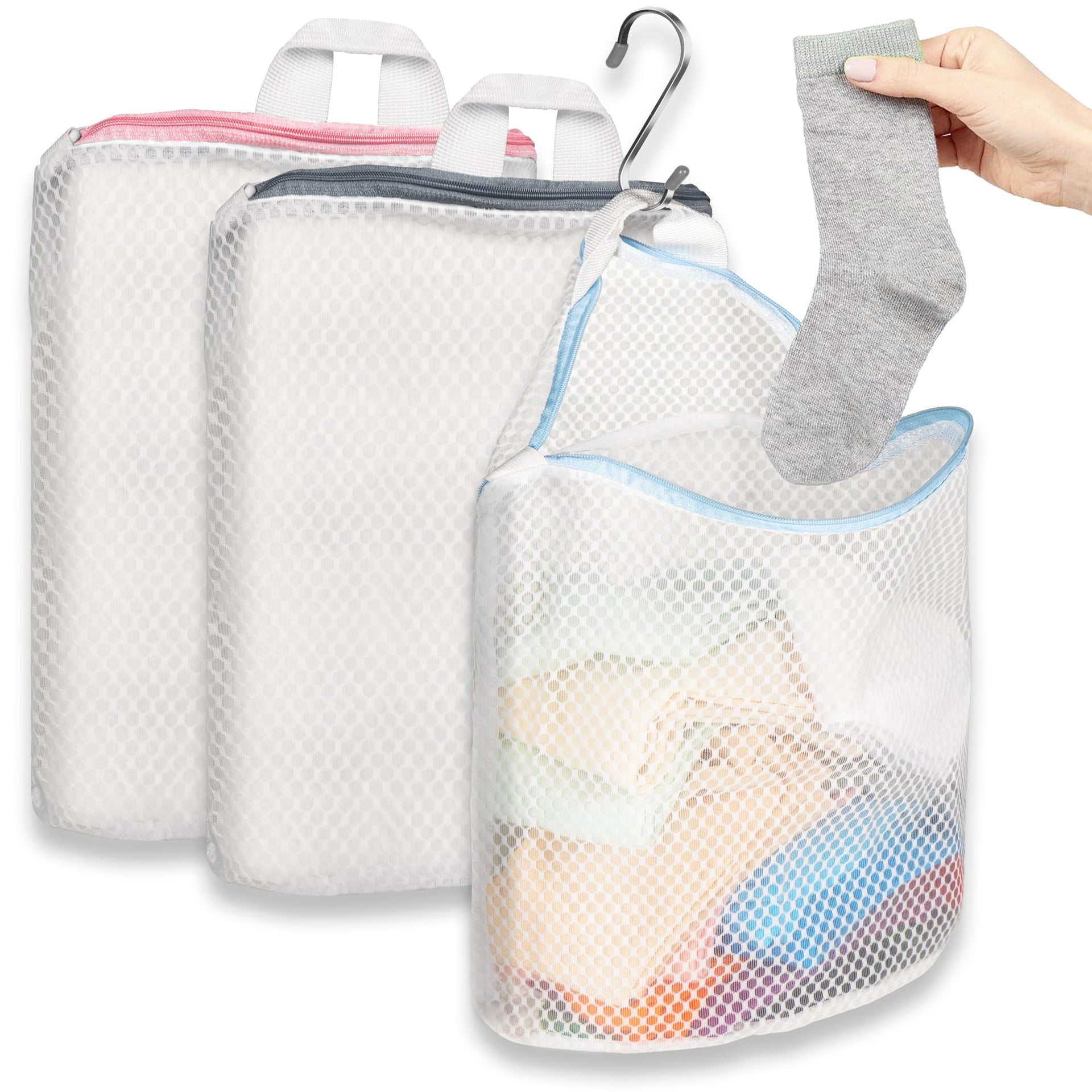 3Pcs Hanging Laundry Bags for Socks with S Hooks (3 Count)