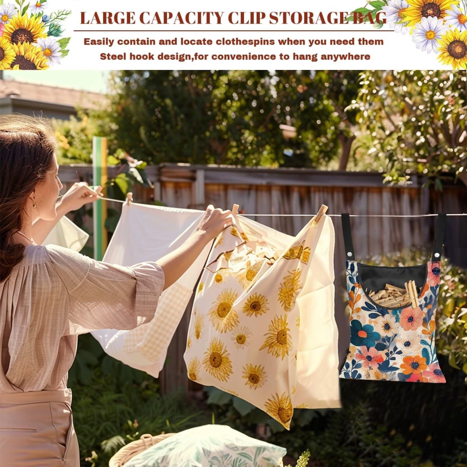 Colorful Gorgeous Flowers Rotatable Clothespin Storage Bag