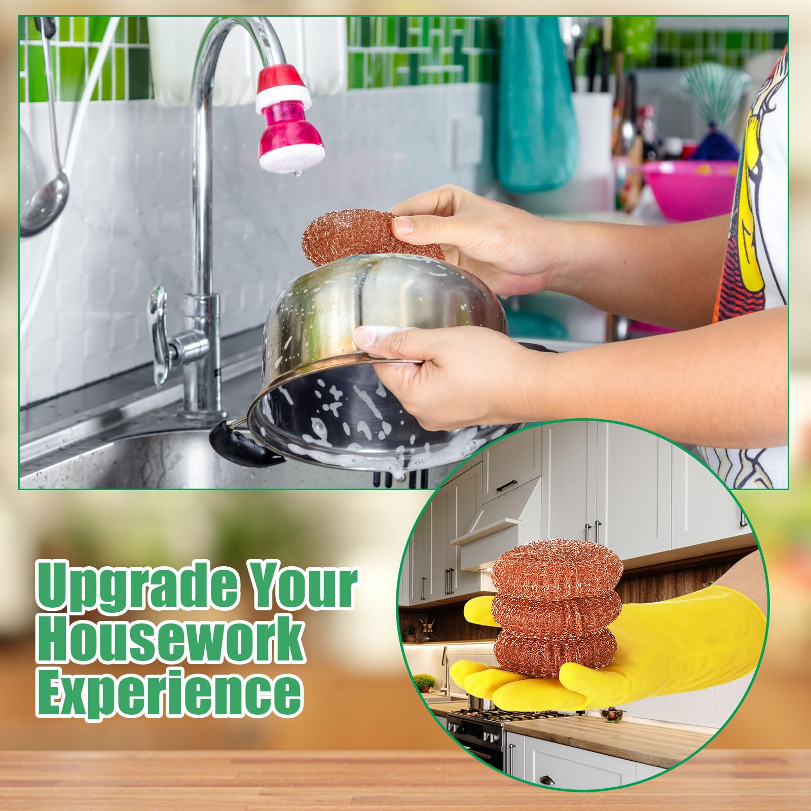 50 Pack Copper Coated Scourers Rust Resistant Scrubbing Scouring Pad with 1 Pair of Rubber Household Cleaning Gloves Heavy Duty Copper Mesh Scourer for Dishes