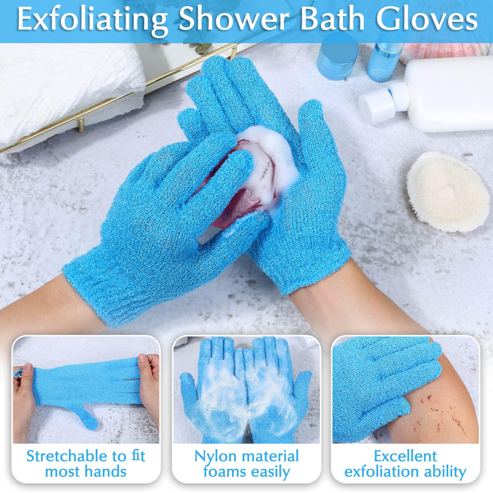 Exfoliating Back Scrubber Bath Gloves Set (3 Count)