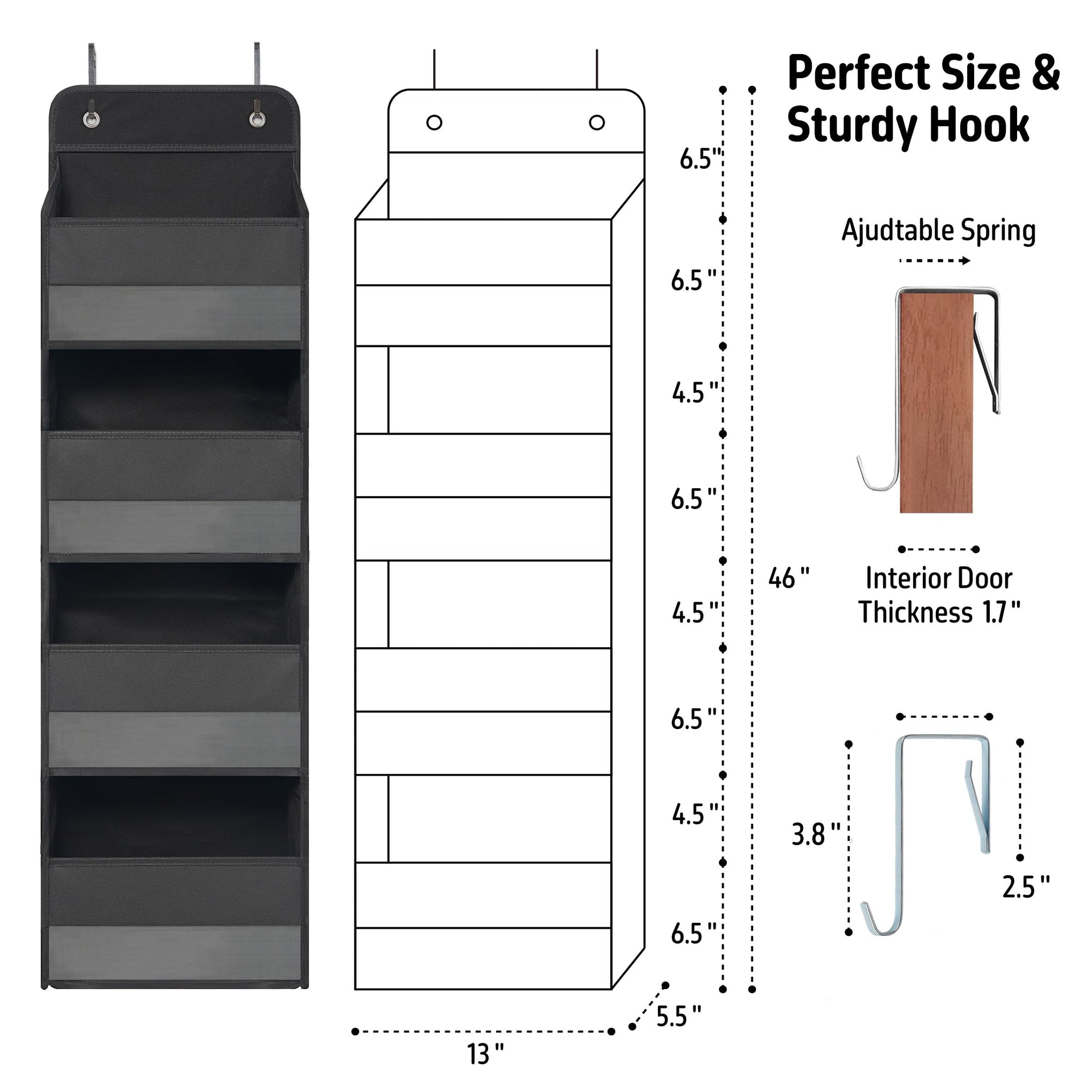 Black Over Door Organizer with 4 Large Clear Pockets