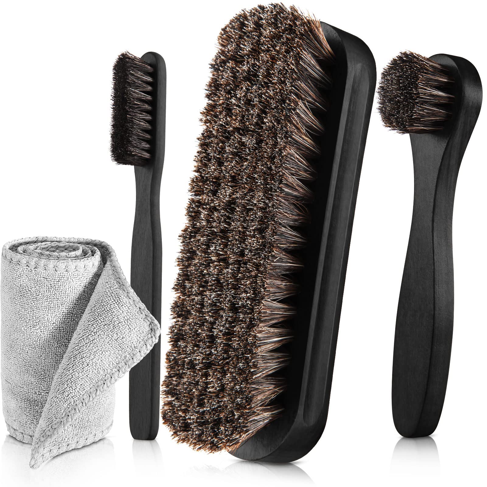 4 Pcs Horsehair Shine Shoes Brush Kit Polish Dauber Applicators Cleaning Leather Shoes Boots Care Brushes Suede Cleaner Brush with Microfiber Shoe Cloth (3.25 Count)