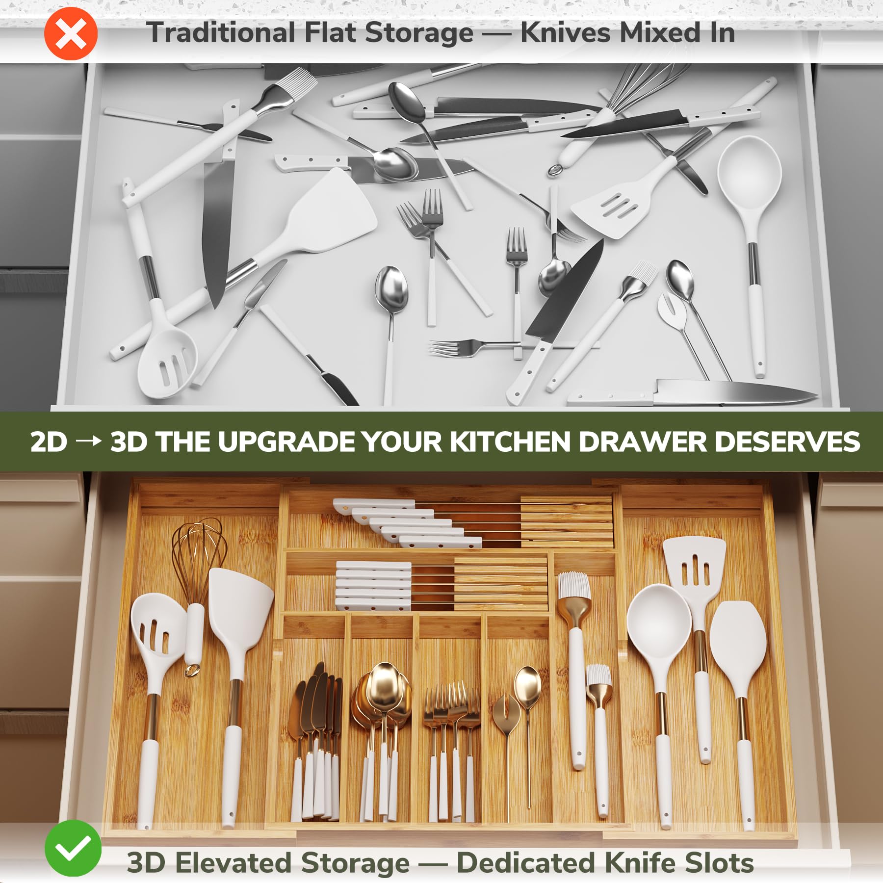 Bamboo Drawer Organizer Expandable Kitchen Silverware Organizer with 7