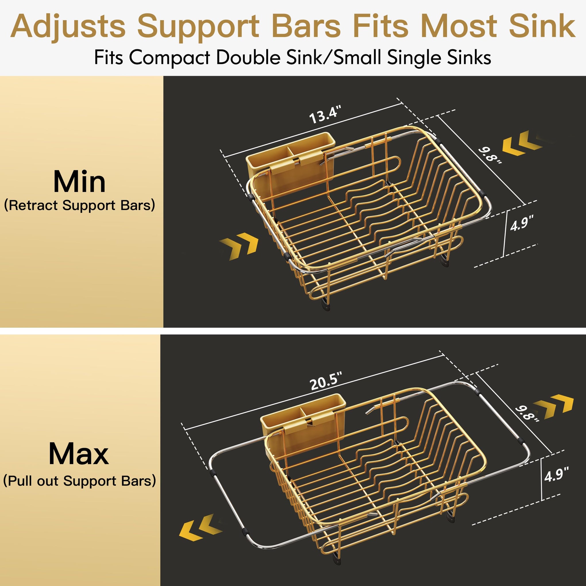 Gold Dish Drying Rack in Sink with Utensil Holder