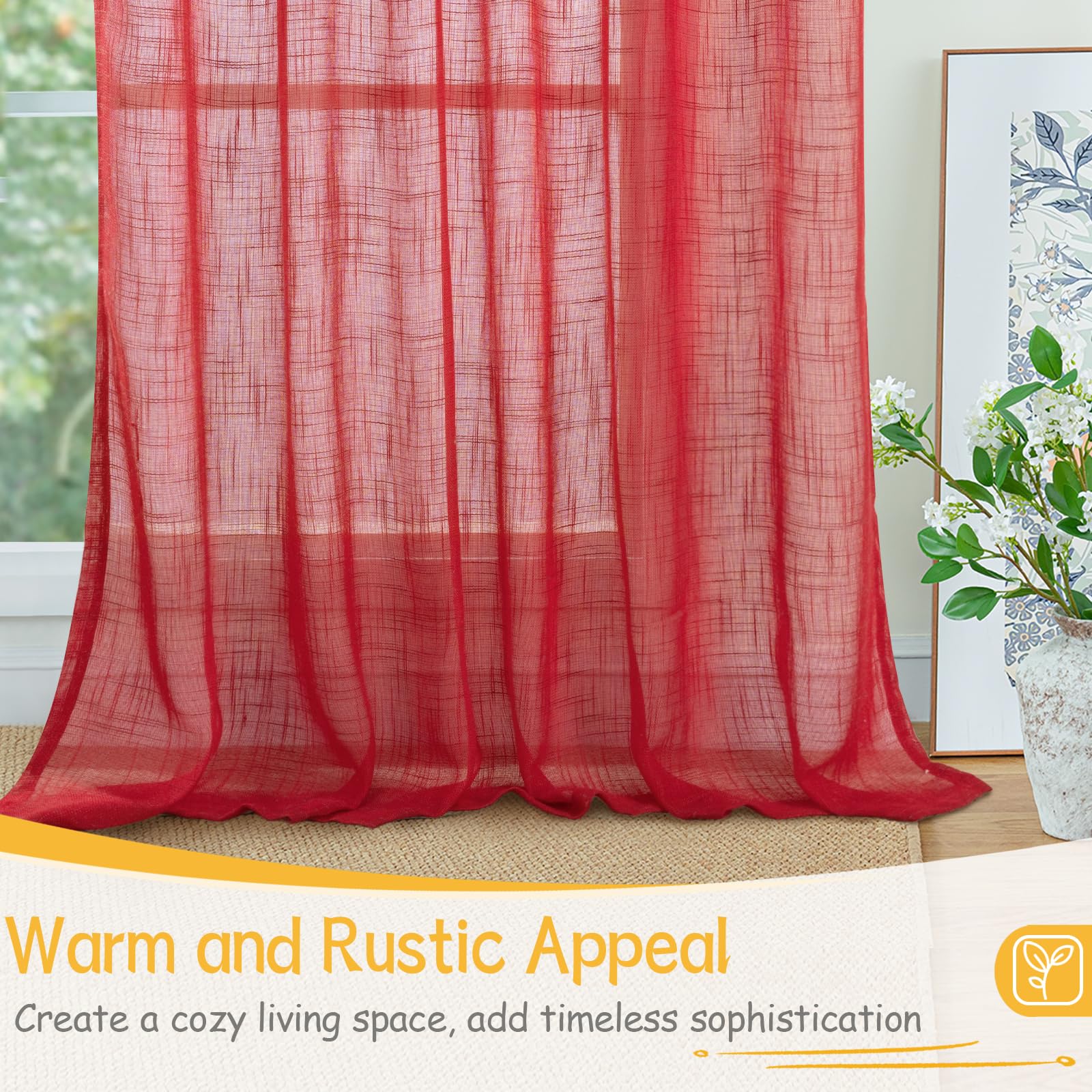 Red Linen Semi Sheer Curtains 84 Inch Length (2 Count)