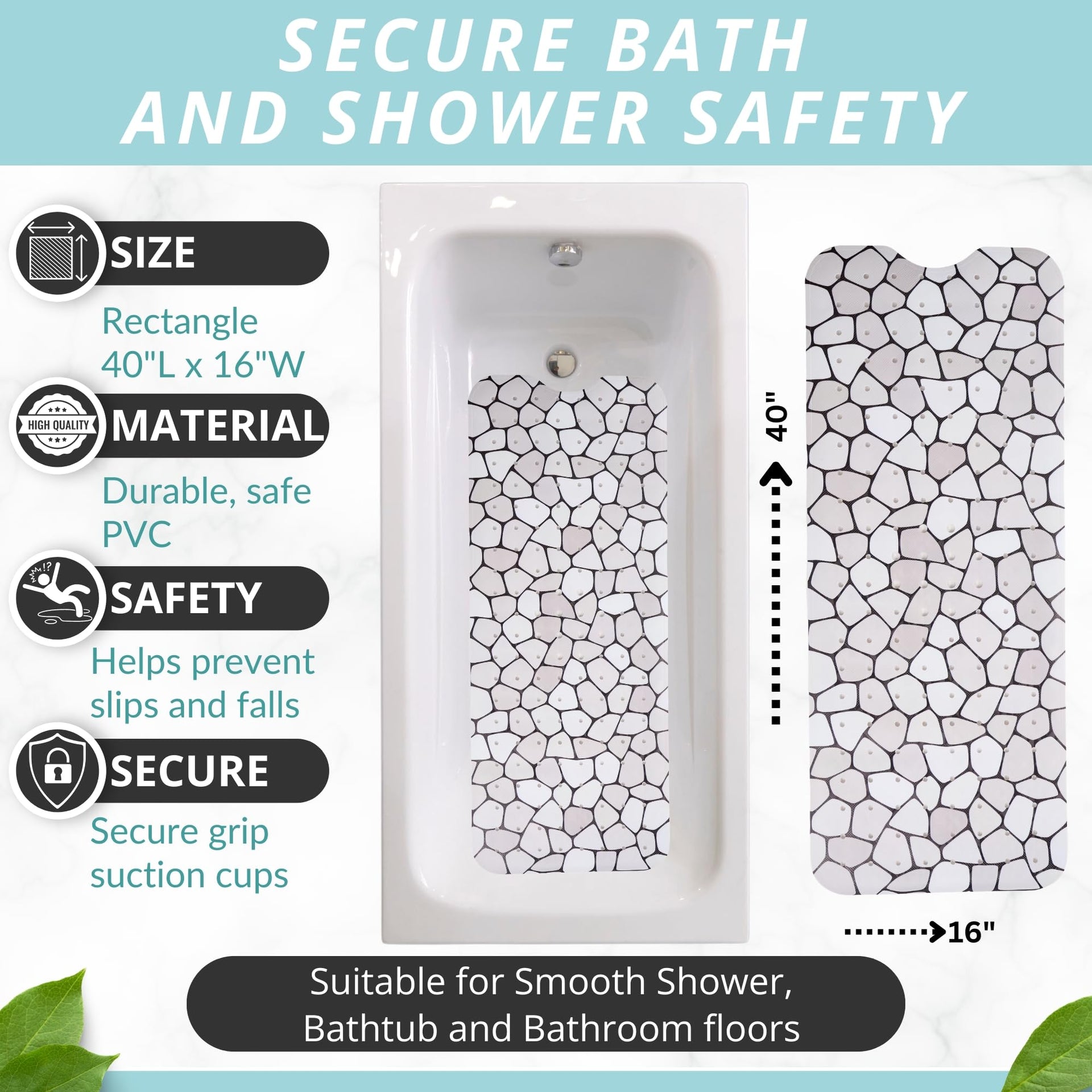 Non Slip Bath & Shower Mat 40x16 Extra Long