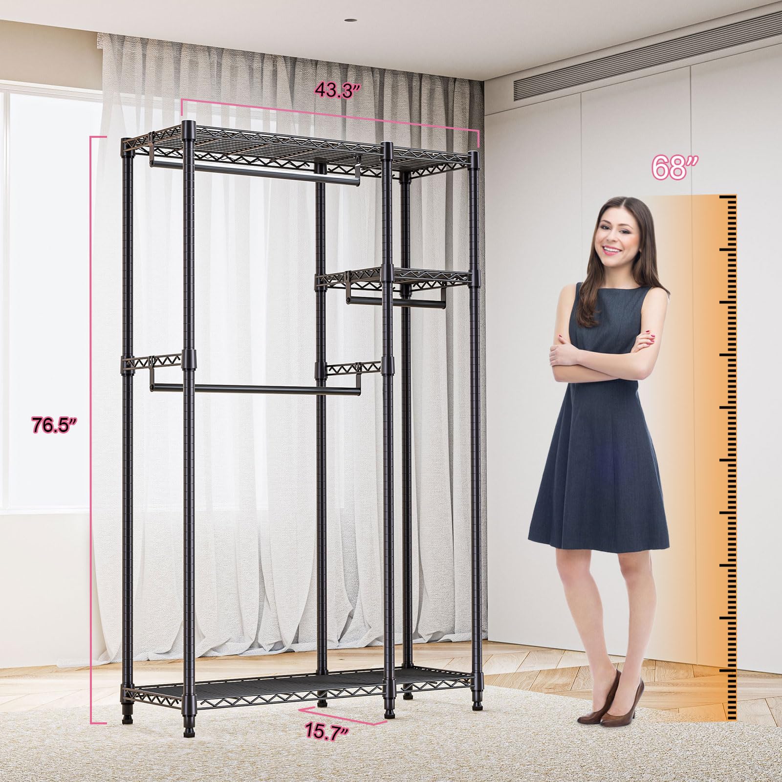 Heavy Duty Rolling Garment Rack 3 Tiers Adjustable Wire Shelving Clothes Rack with 3 Rods and Side Hooks
