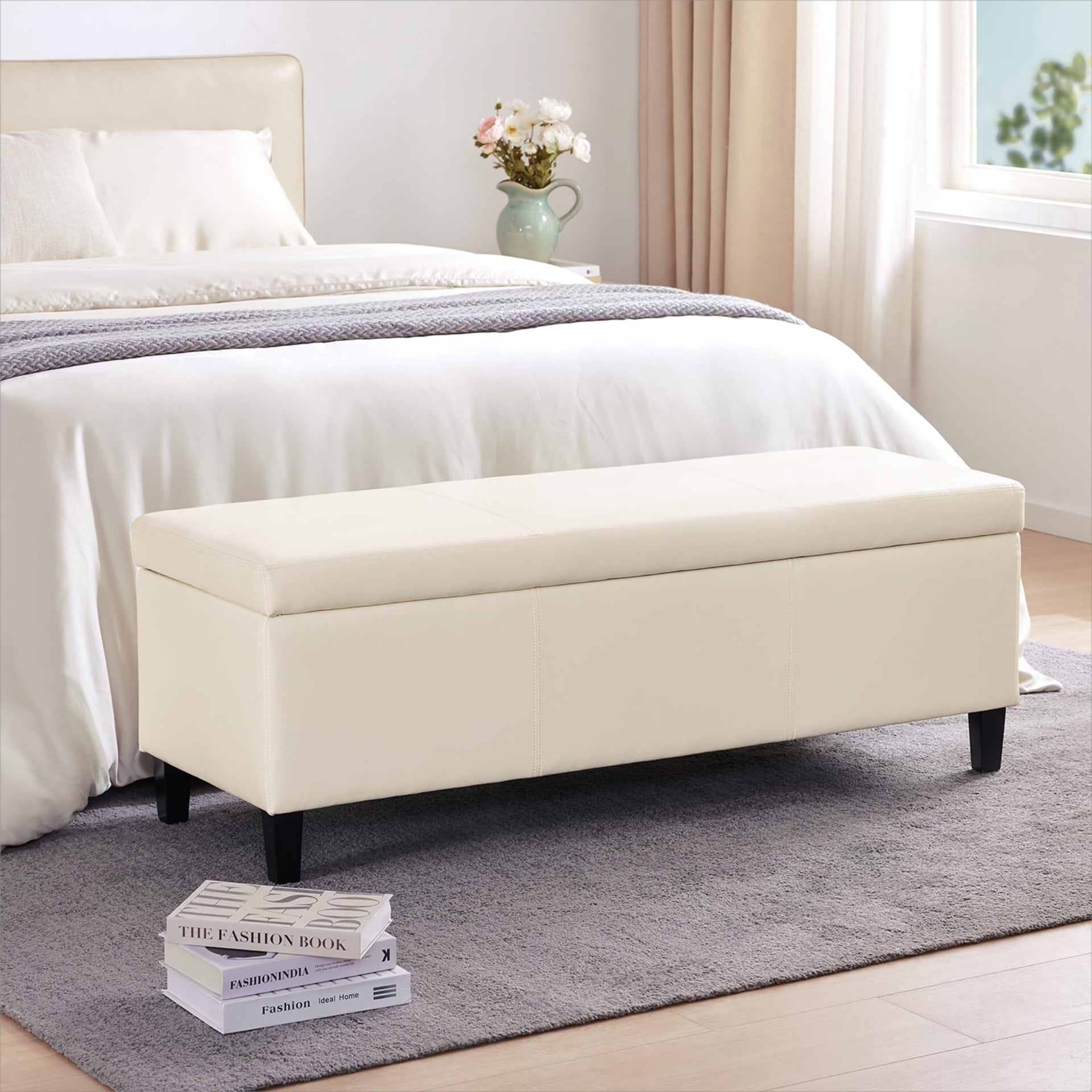 Faux Leather Storage Ottoman Bench 50.3 inch Extra Long Upholstered Bedroom Bench with Large Storage Space for The Living Room