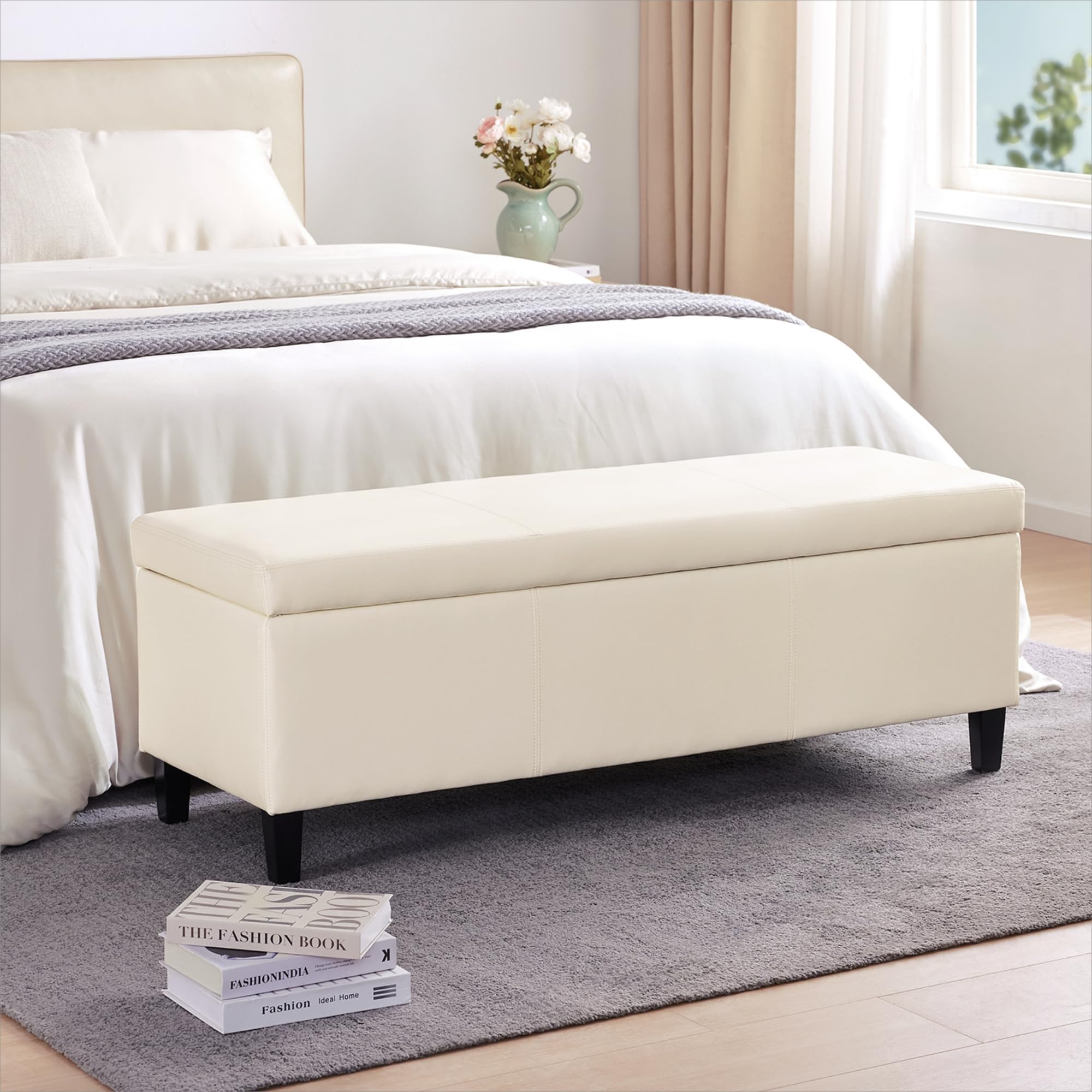 Faux Leather Storage Ottoman Bench 50.3 inch Extra Long Upholstered Bedroom Bench with Large Storage Space for The Living Room
