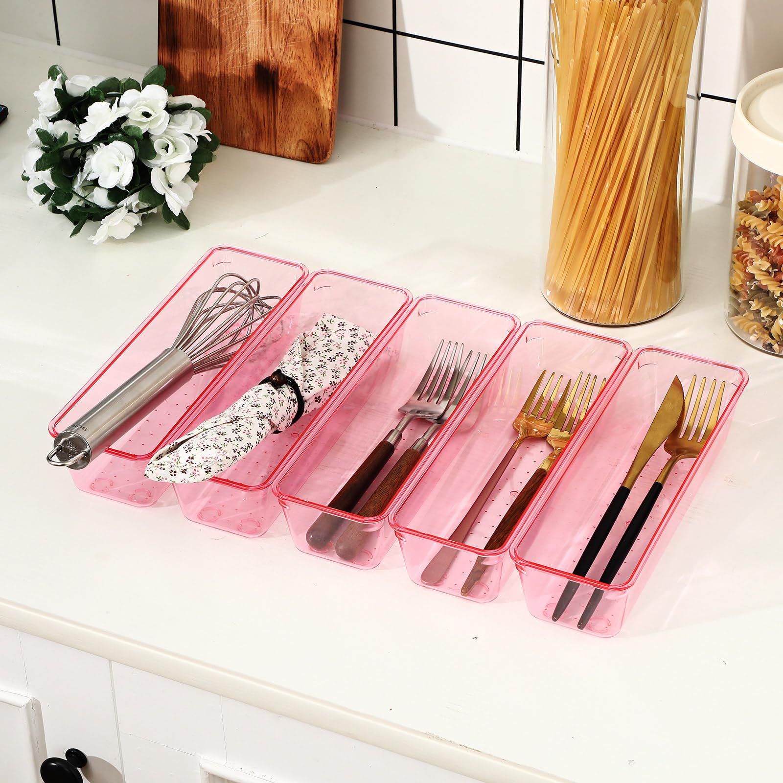 12 Pcs Clear Drawer Organizer 9 x 3 x 2 Inches Plastic Rectangle Trays Makeup Vanity Storage Bins and Kitchen Drawers Dividers for Office Desk Silverware Kitchen Utensils (12 Count)