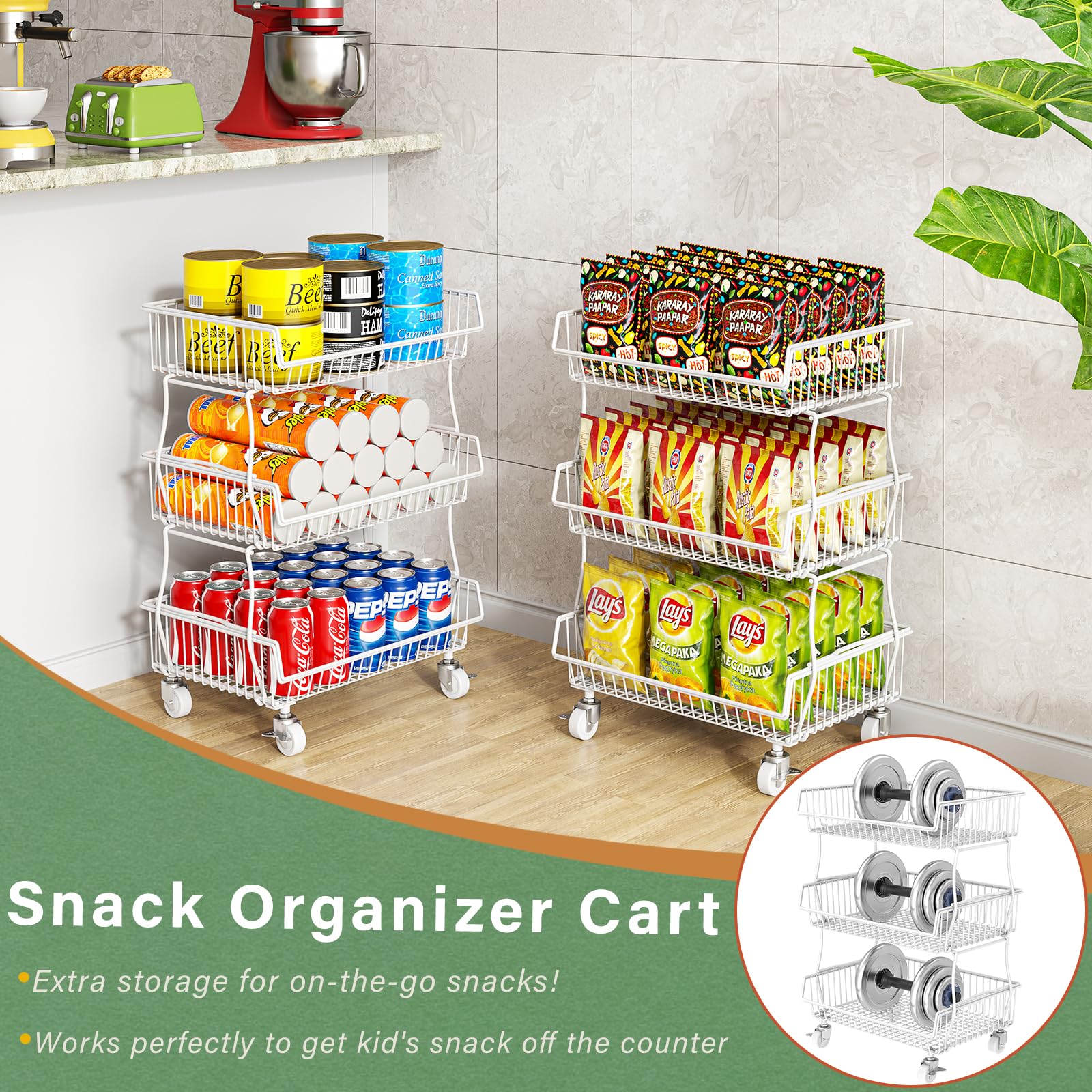 Pantry Organizers and Storage Cart with Upgraded Metal Hub Casters