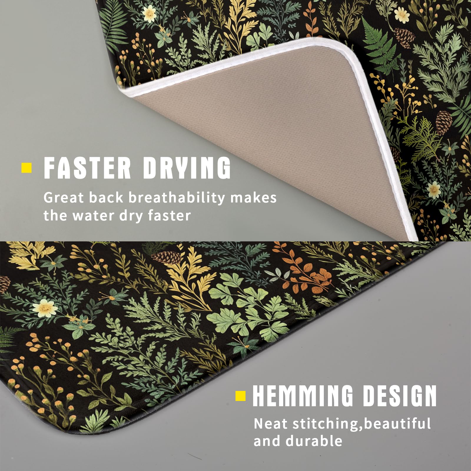Black Green Botanical Dish Drying Mat for Kitchen Counter 16x18 Inch Super Absorbent Microfiber Kitchen Drying Mat Green Plant Fern Leaves Floral Dish Reusable Washable Dish Drying Pad for Coffee Bar