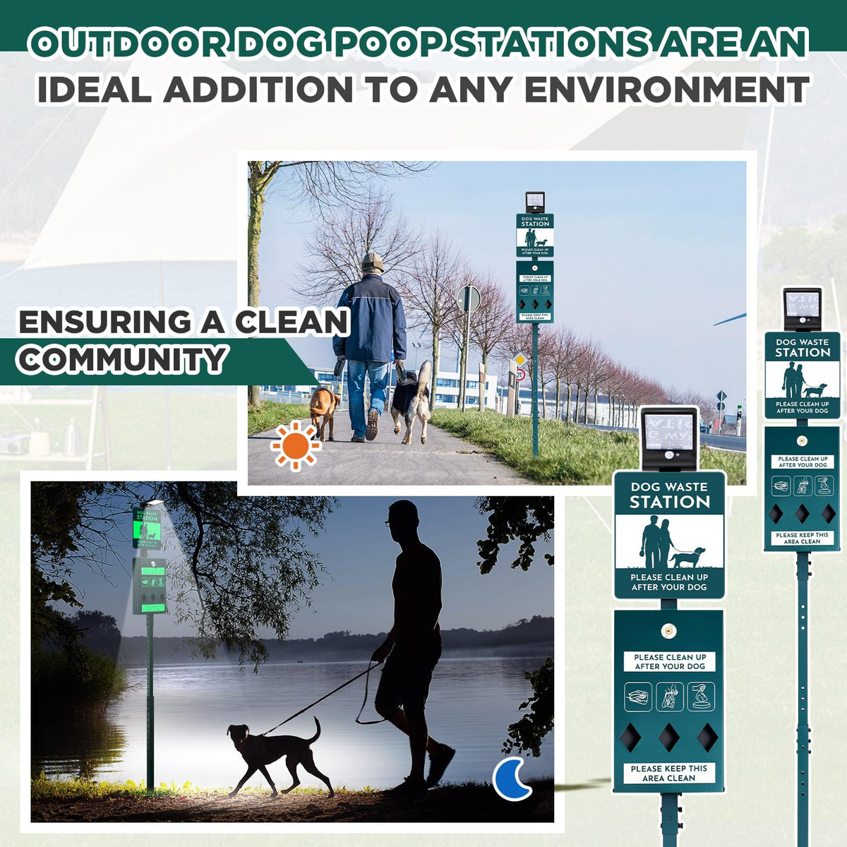 Dog Waste Station with Solar Panels Outdoor Light Up at Night
