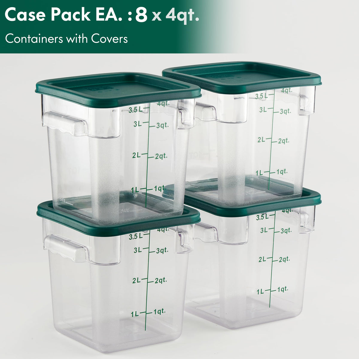 8 Pack 4 Qt NSF Clear Polycarbonate Food Storage Containers with Green Lids (8 Count)