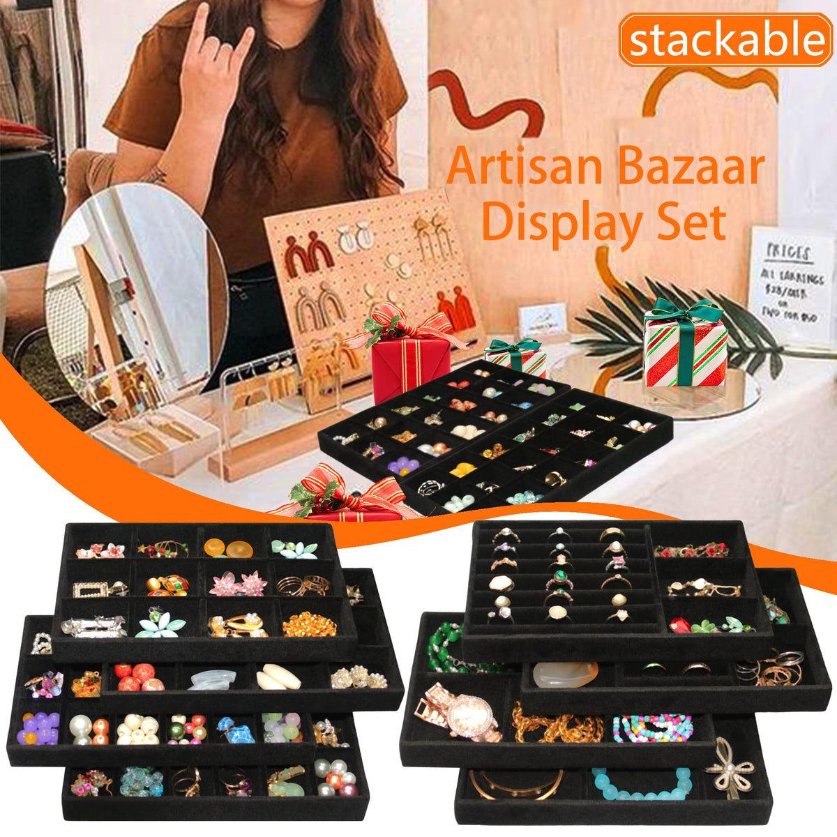 Jewelry Organizer Drawer 8 Set Jewelry Boxes Velvet Jewelry Drawer Organizer Stackable Jewelry Tray for Earring Necklace Display (8 Count)