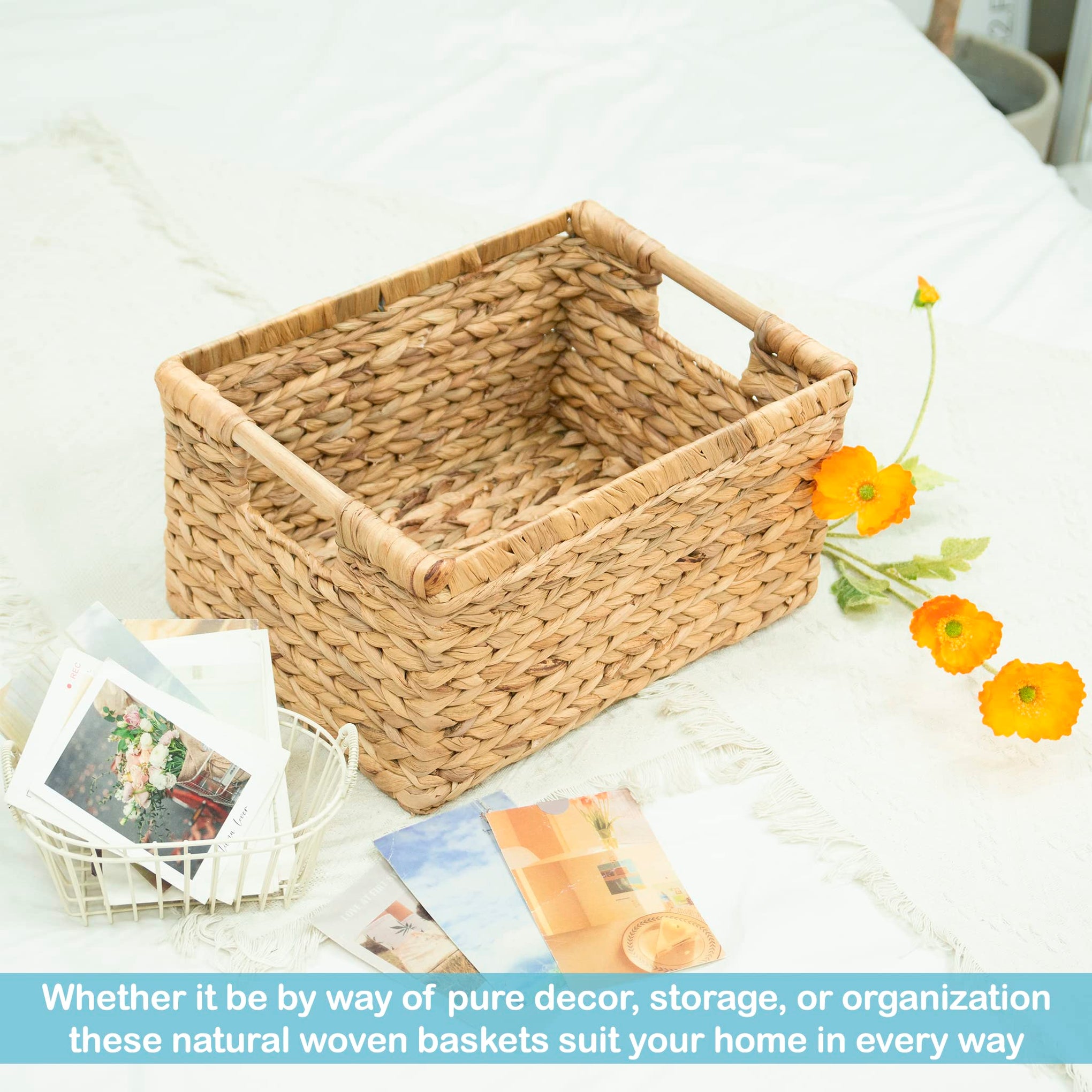 Large Rectangular Wicker Basket with Wooden Handles for Shelves and Storage