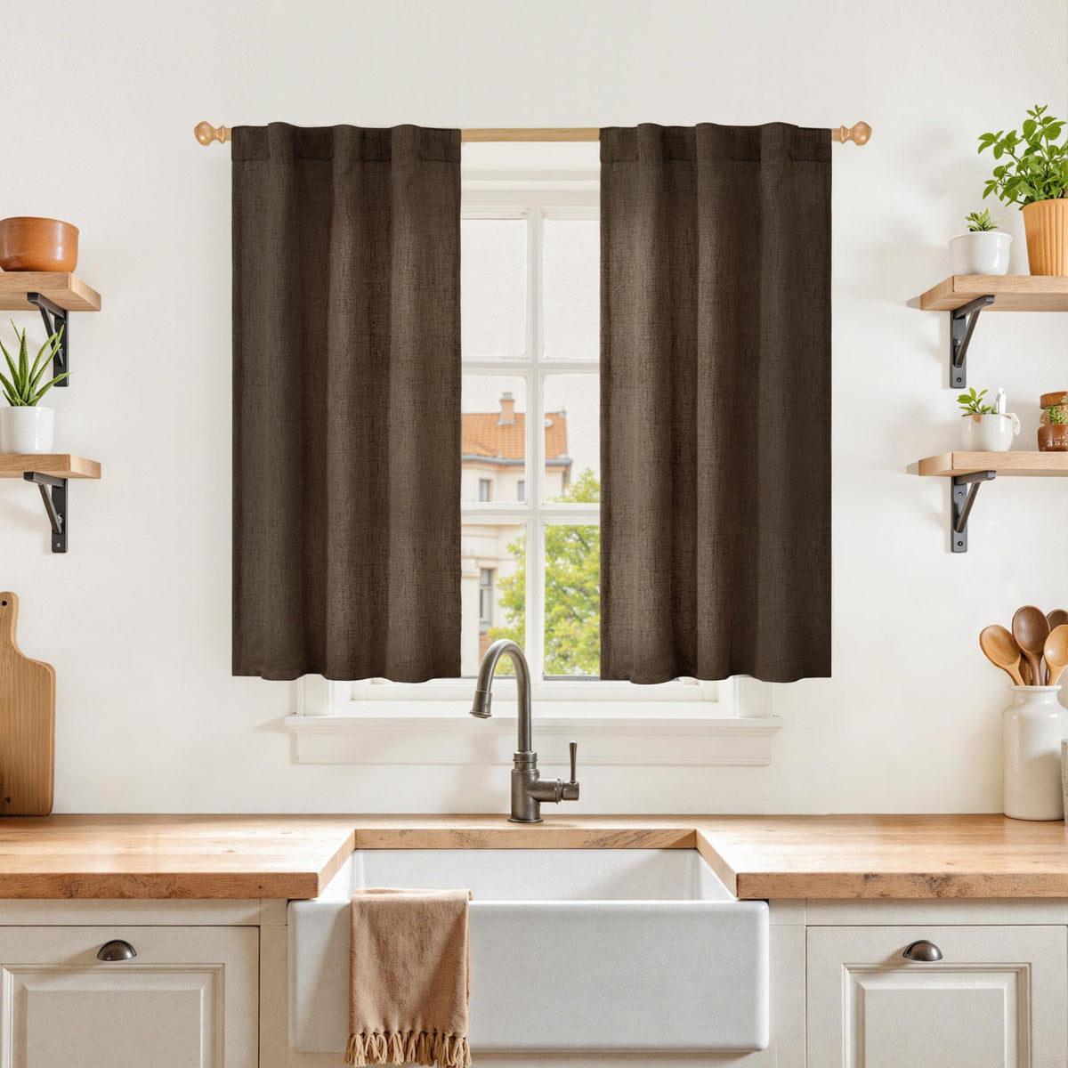 Brown Linen Curtains 40 Inch Length for Small Window (2 Count)