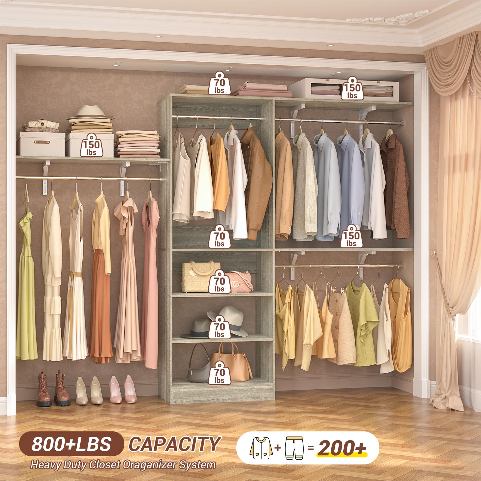 8FT Closet System with 3 Wooden Storage Shelves
