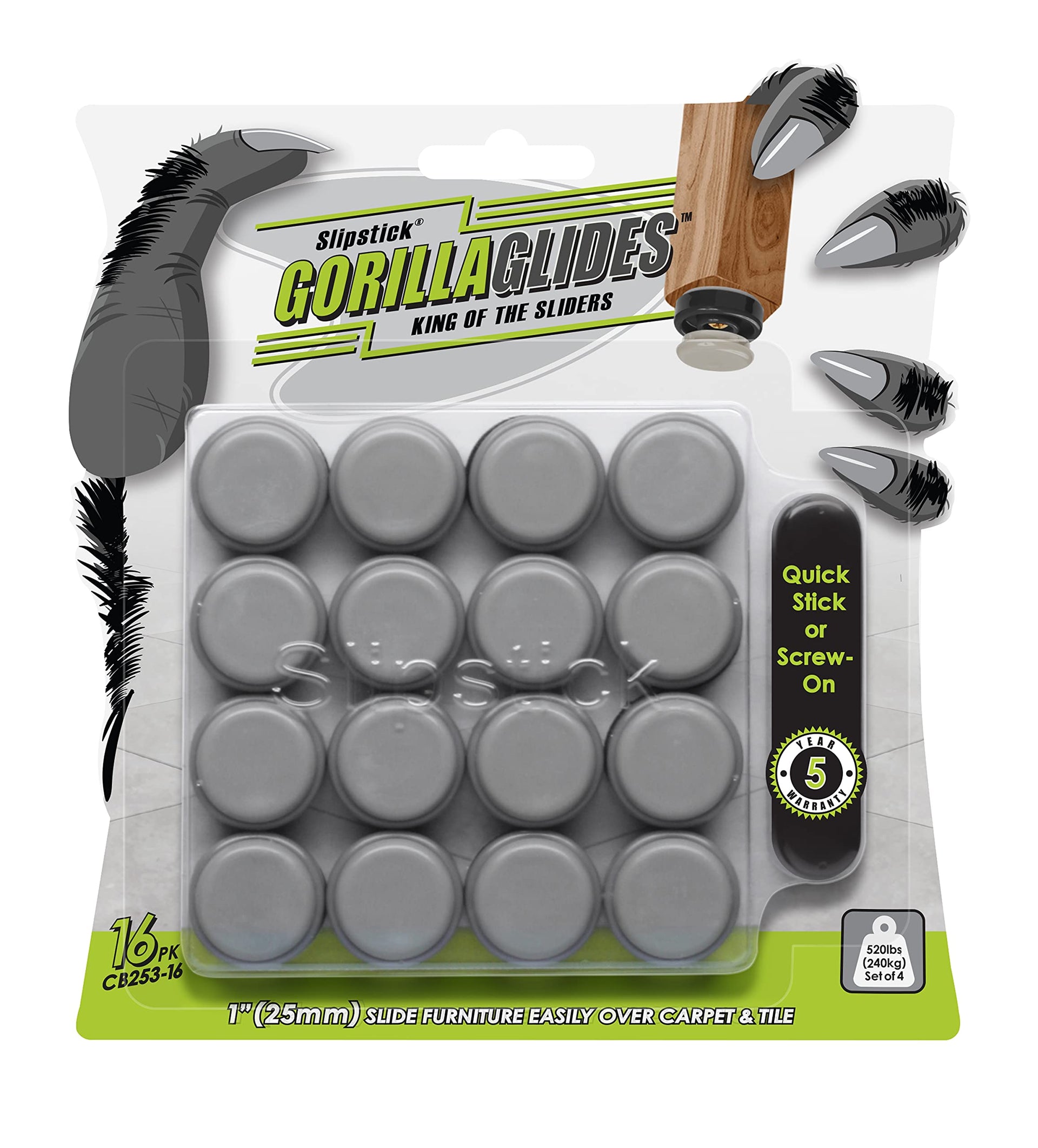 GorillaGlides 1 Inch Chair Sliders (16 Count)