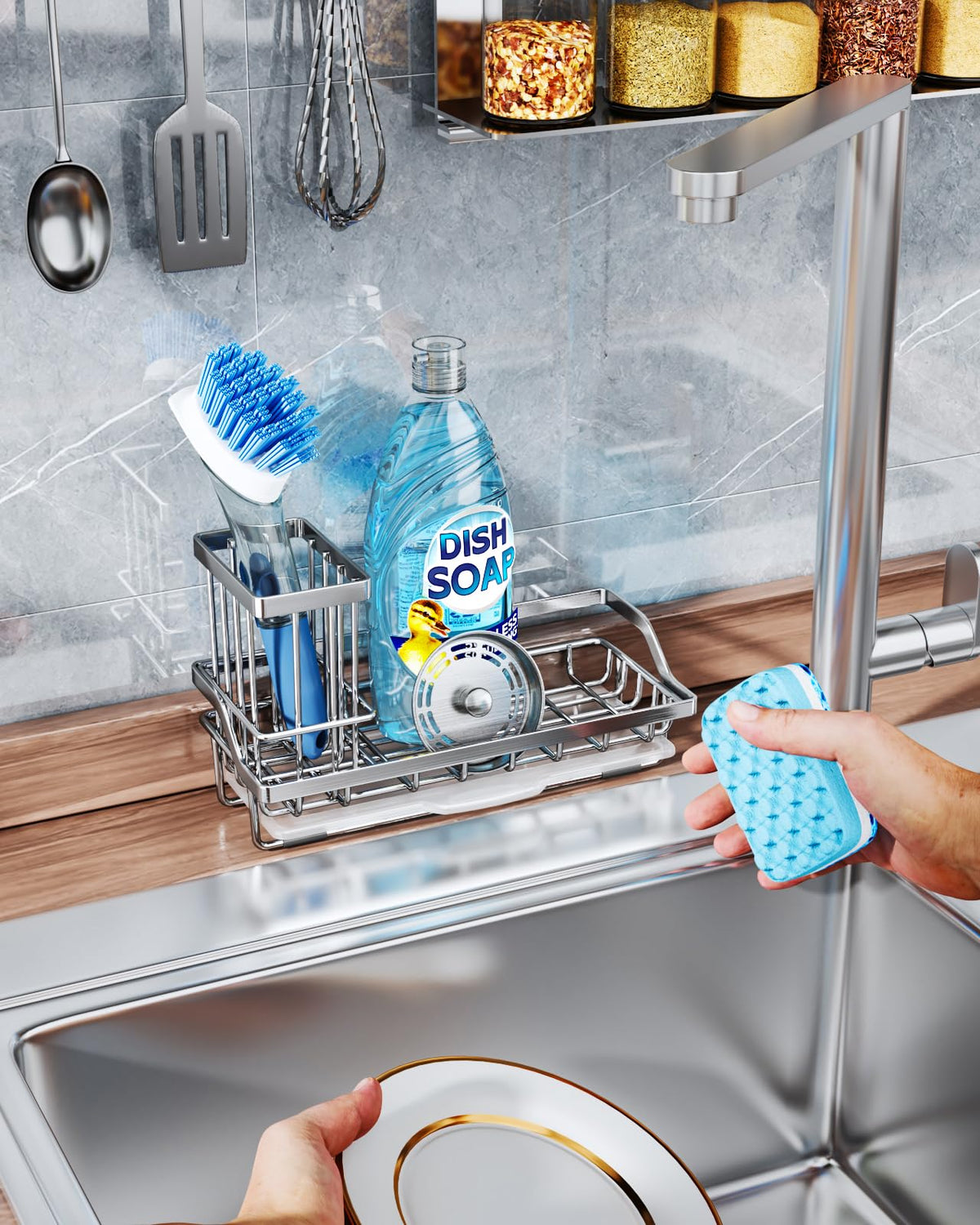 Sink Caddy Kitchen Sponge Holder with Dish Brush Holder