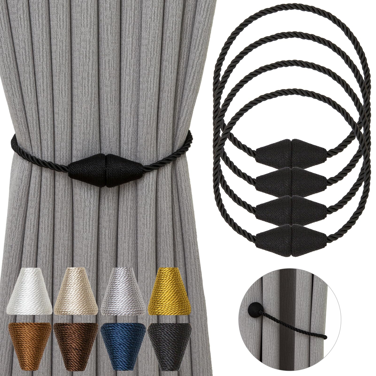 Magnetic Curtain Tiebacks 4 Pack Outdoor Rope Curtain Tie Backs Decorative Window Treatment Holdbacks for Home Decorative Curtain (4 Count)