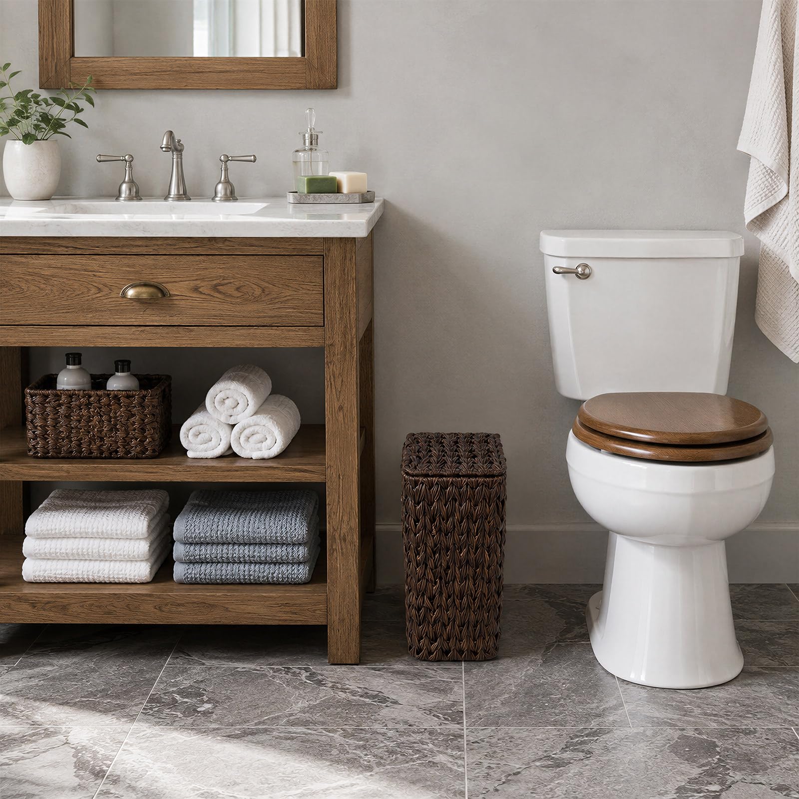 Brown Wicker Trash Can with Lid and Liner