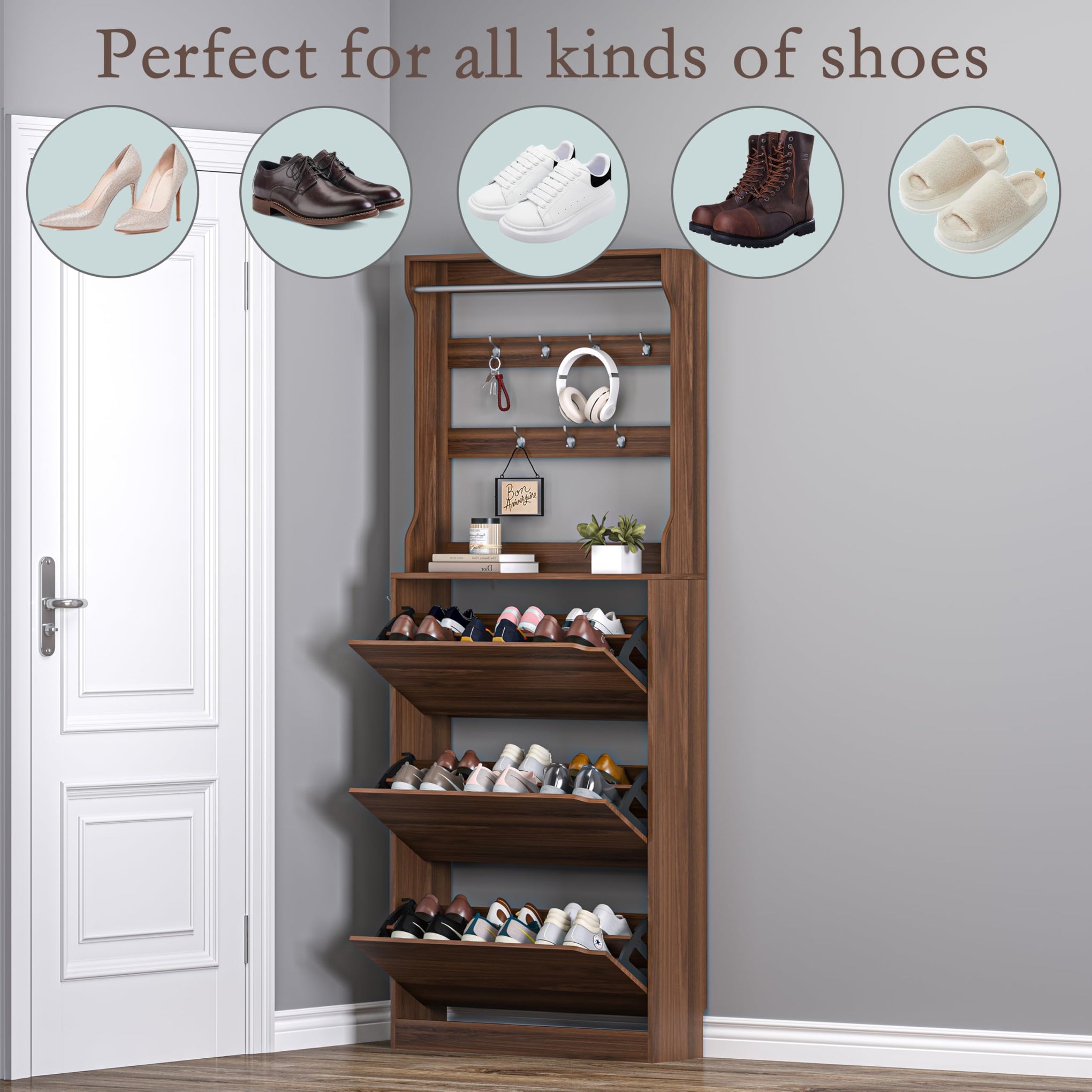 Shoe Cabinet with 3 Flip Drawers & Coat Rack