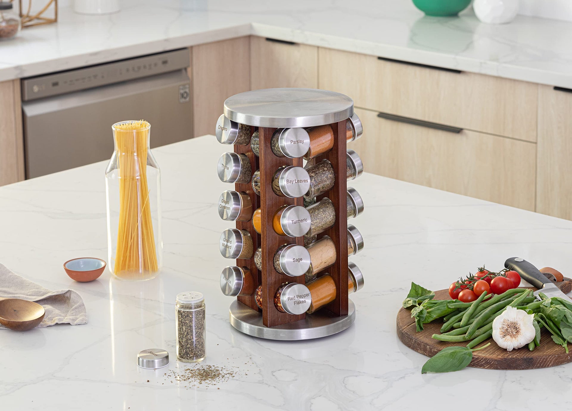 20 Jar Rotating Dark Acacia Wood Spice Rack with Spices Included & 5