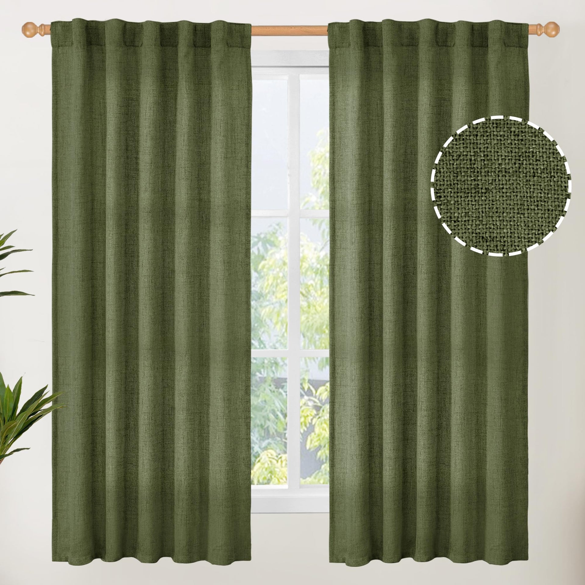 Olive Green Linen Curtains 63 Inch Length for Living Room (2 Count)