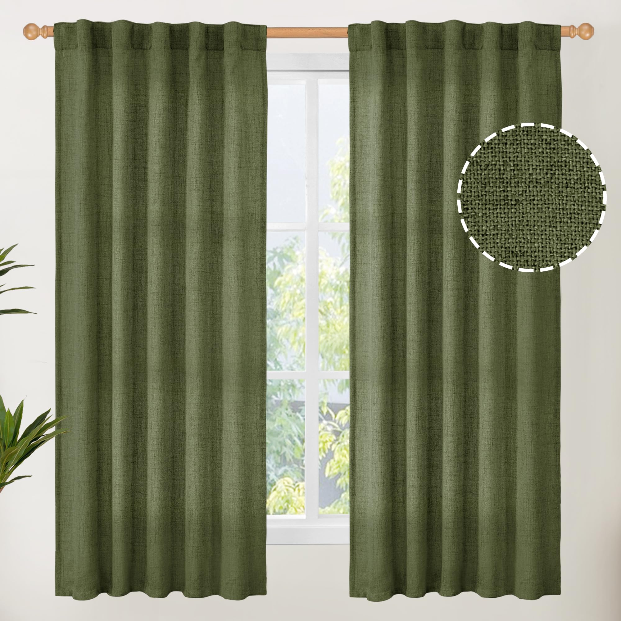 Olive Green Linen Curtains 63 Inch Length for Living Room (2 Count)