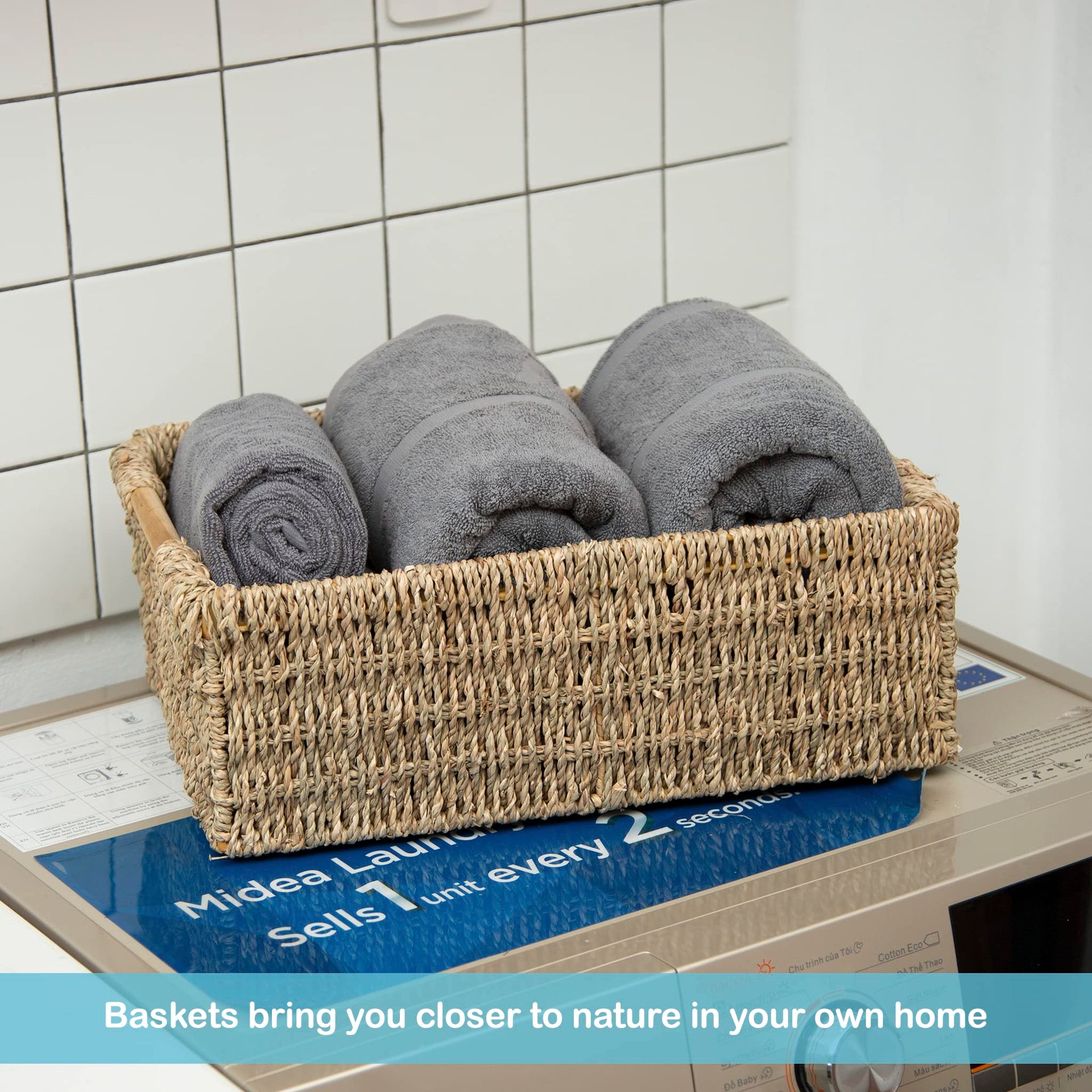 Large Natural Wicker Basket Rectangular with Wooden Handles