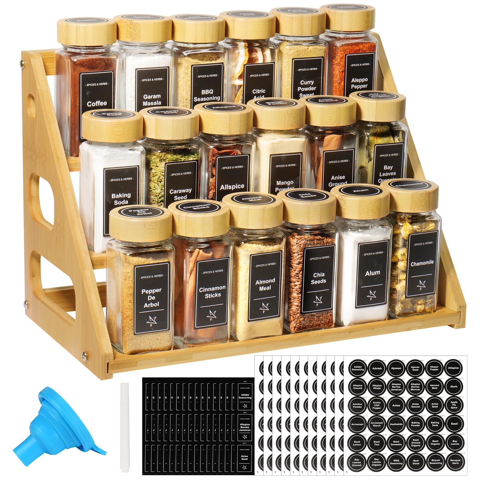 3 Tier Bamboo Spice Rack Organizer with 18 Empty 4 oz Glass Spice Jars