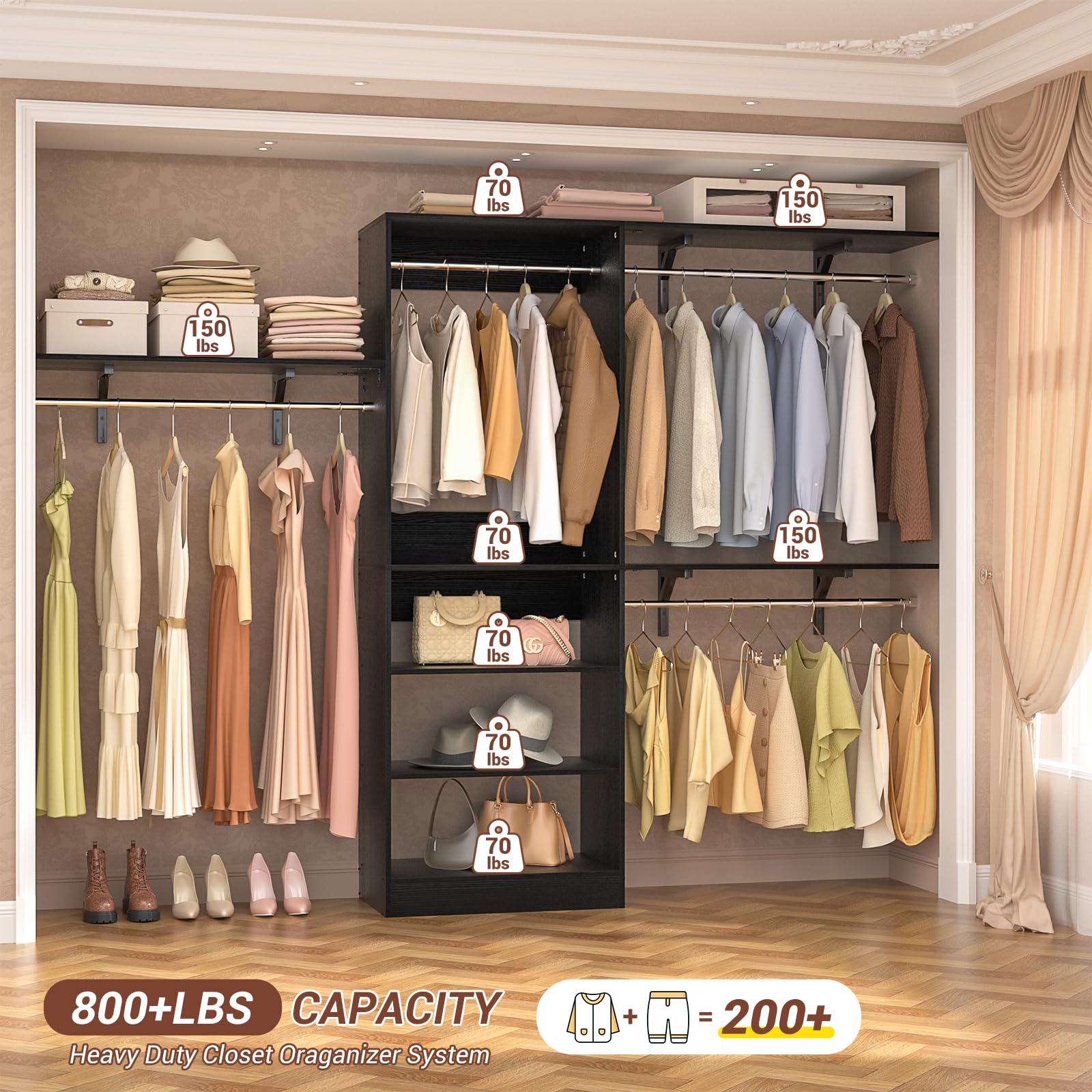 8FT Closet System with 3 Wooden Storage Shelves