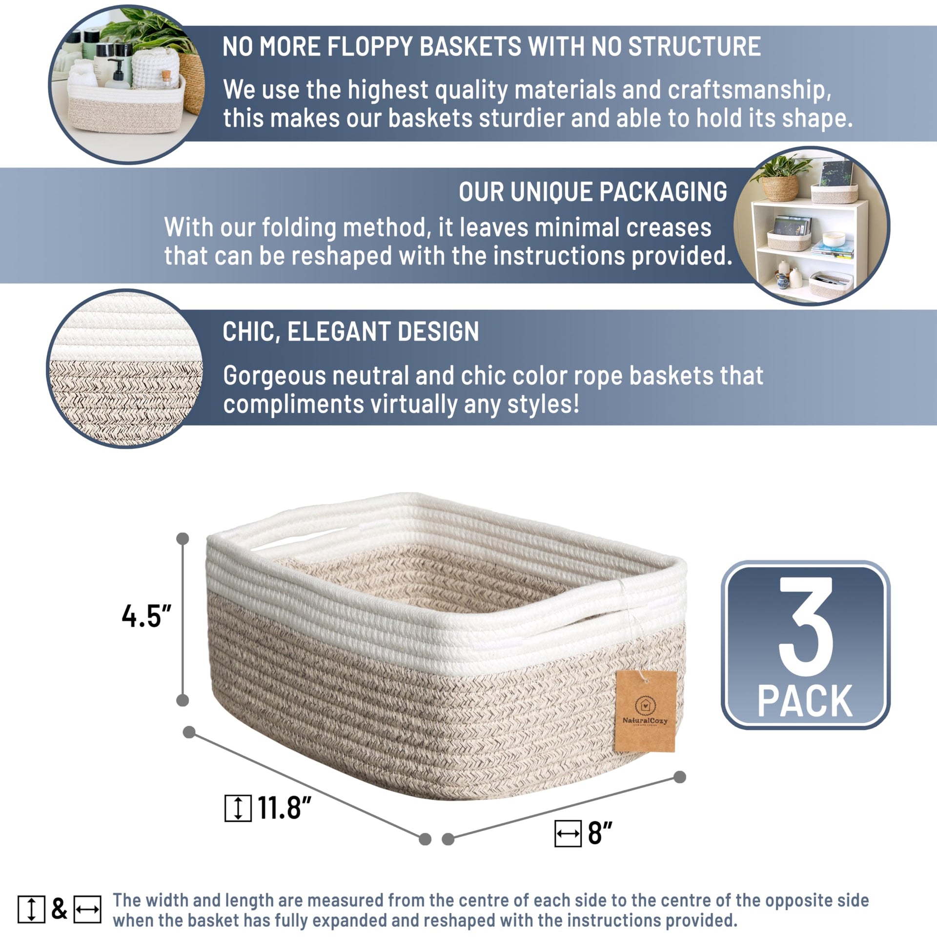 11.8"x8"x4.5” Storage Baskets for Shelves 3 Pack (3 Count)