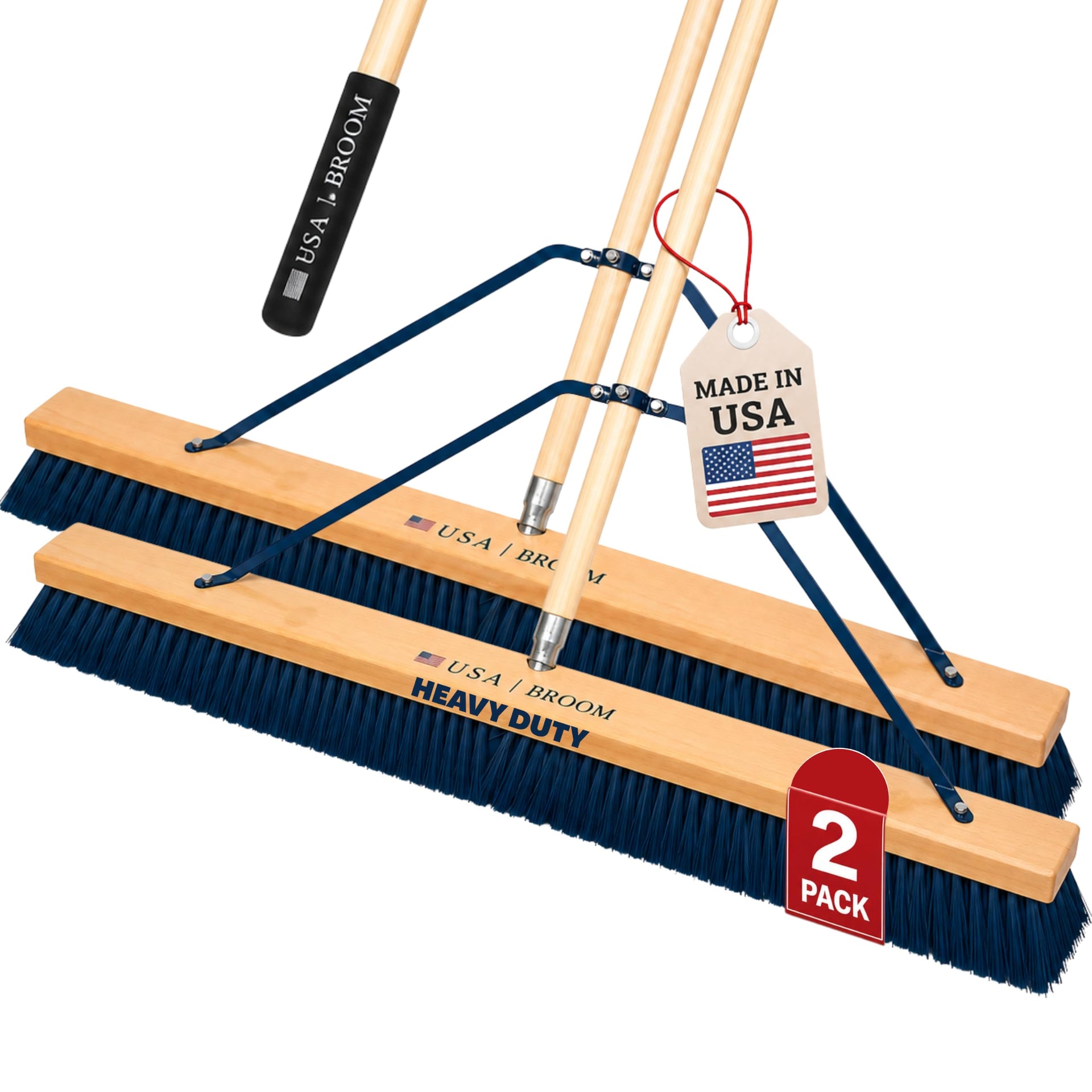 2-Pack - 36" Heavy Duty Outdoor Push Broom with 60" Handle. Ideal for Asphalt, Concrete & Heavy Debris. Durable American Made Steel Brackets-Stainless Steel Hardware. No Plastic. 100% USA Made