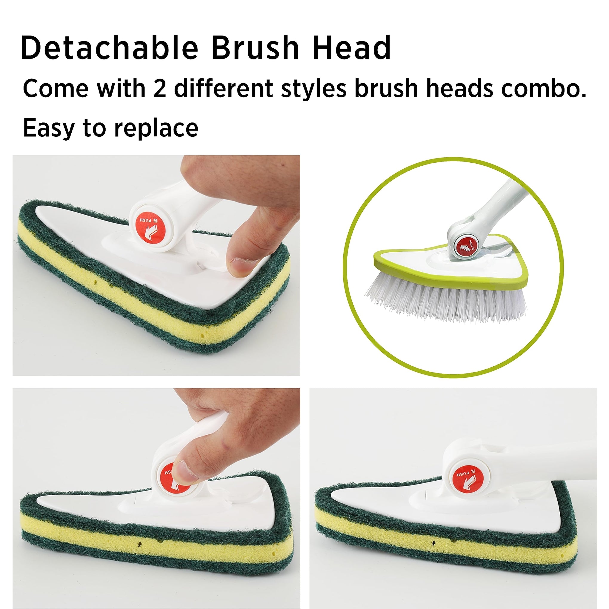 2 in 1 Bathroom Cleaning Brush with 48" Extendable Long Handle Detachable Scrub Brush 2 Scrubber Heads and 2 Scouring Pad Head for Bathroom Bathtub Floor Cleaning (4 Count)