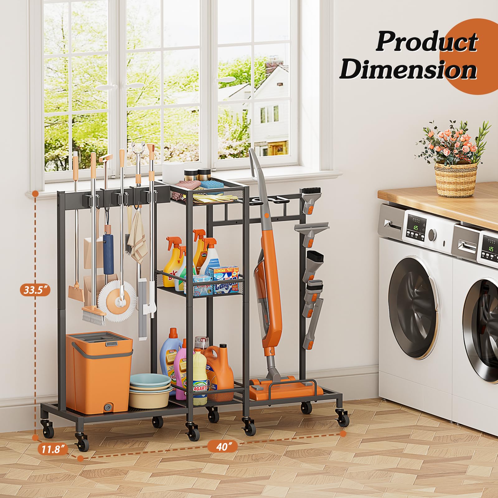 Broom Holder with Cleaning Supplies Organizer