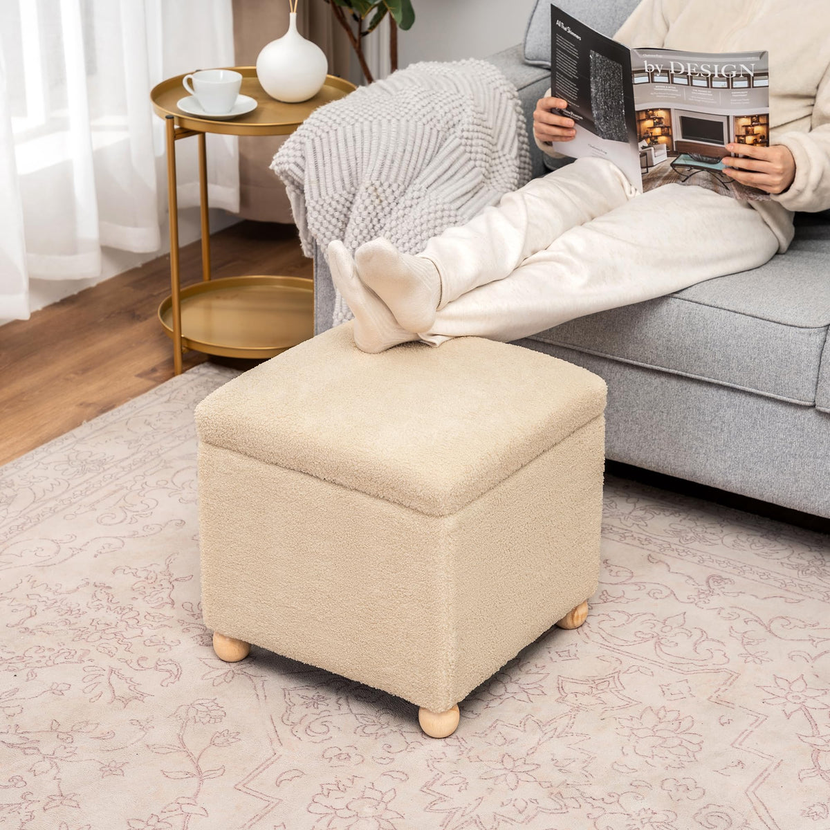 17.3" Modern Oatmeal Teddy Velvet Storage Ottoman